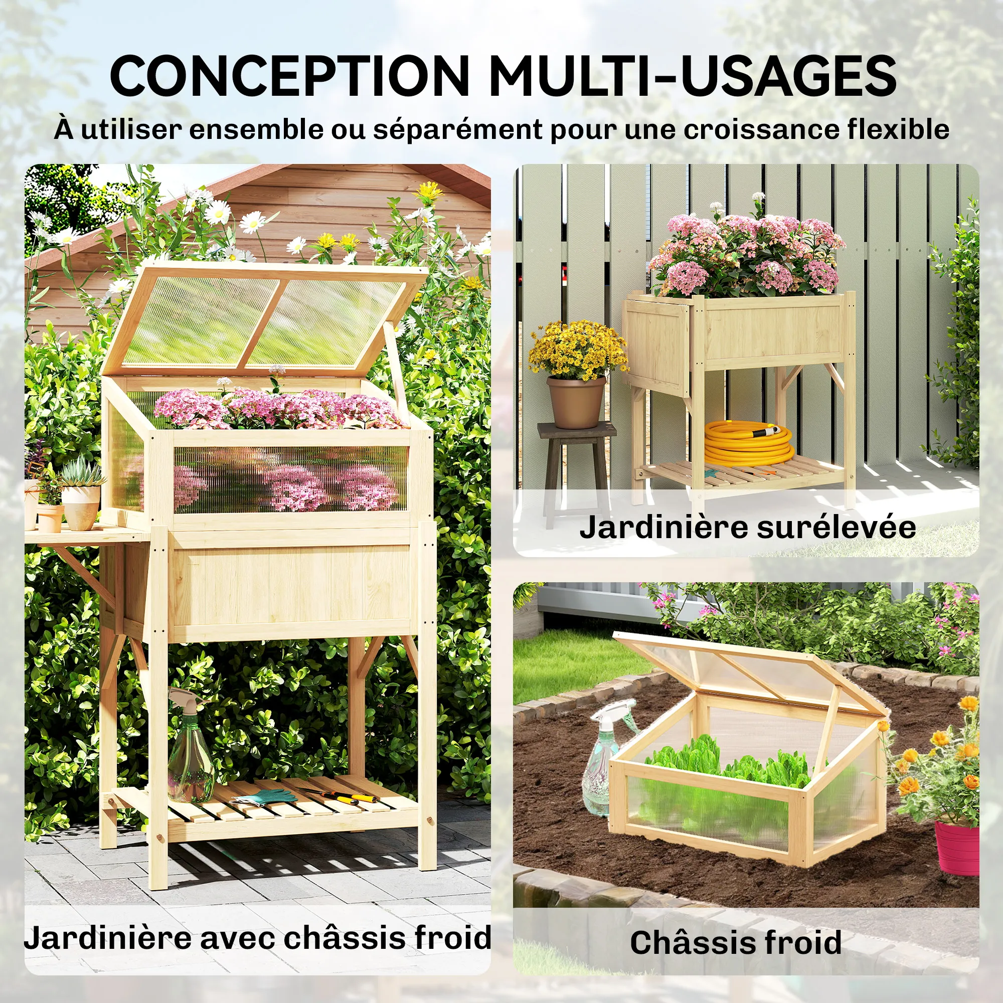 Carré Potager Surélevé avec Serre & Table Pliante – Bois Naturel – vue de détail