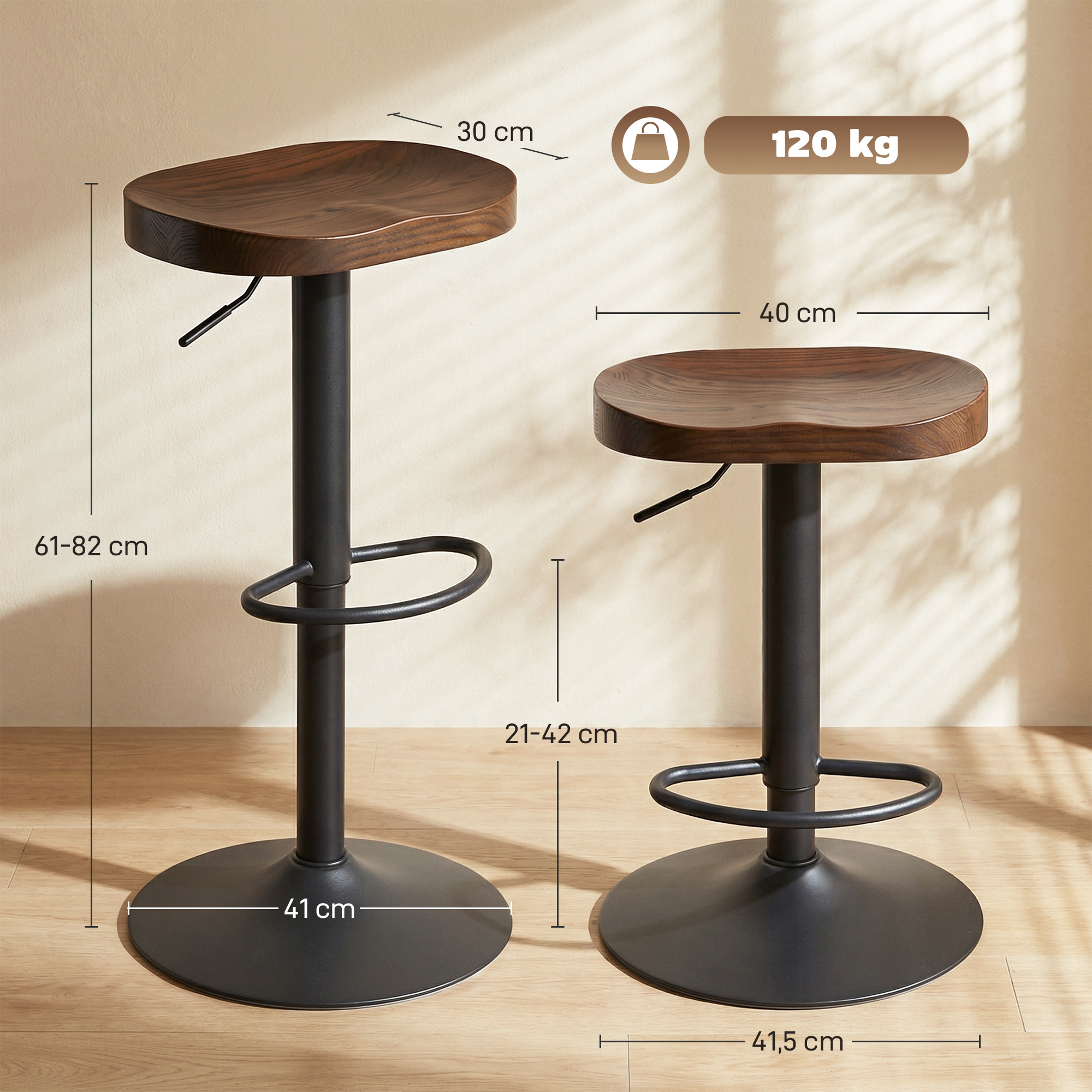Lot de 2 Tabourets de Bar Pivotants & Réglables 61–82 cm – Bois d’Orme & Métal – Marron Foncé – autre vue