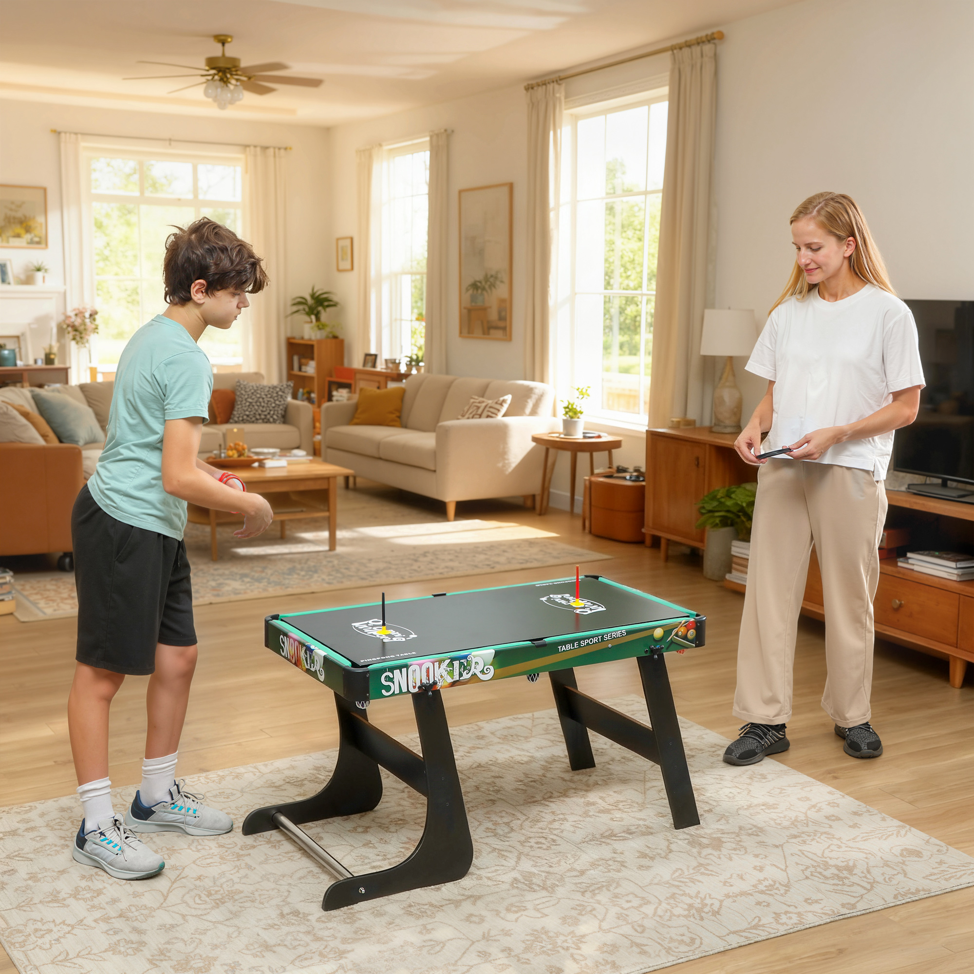 Table Multi-Jeux 6-en-1 Pliable – Baby-Foot, Billard, Ping-Pong, Hockey & Jeux d’Anneaux – 118 cm – vue 9