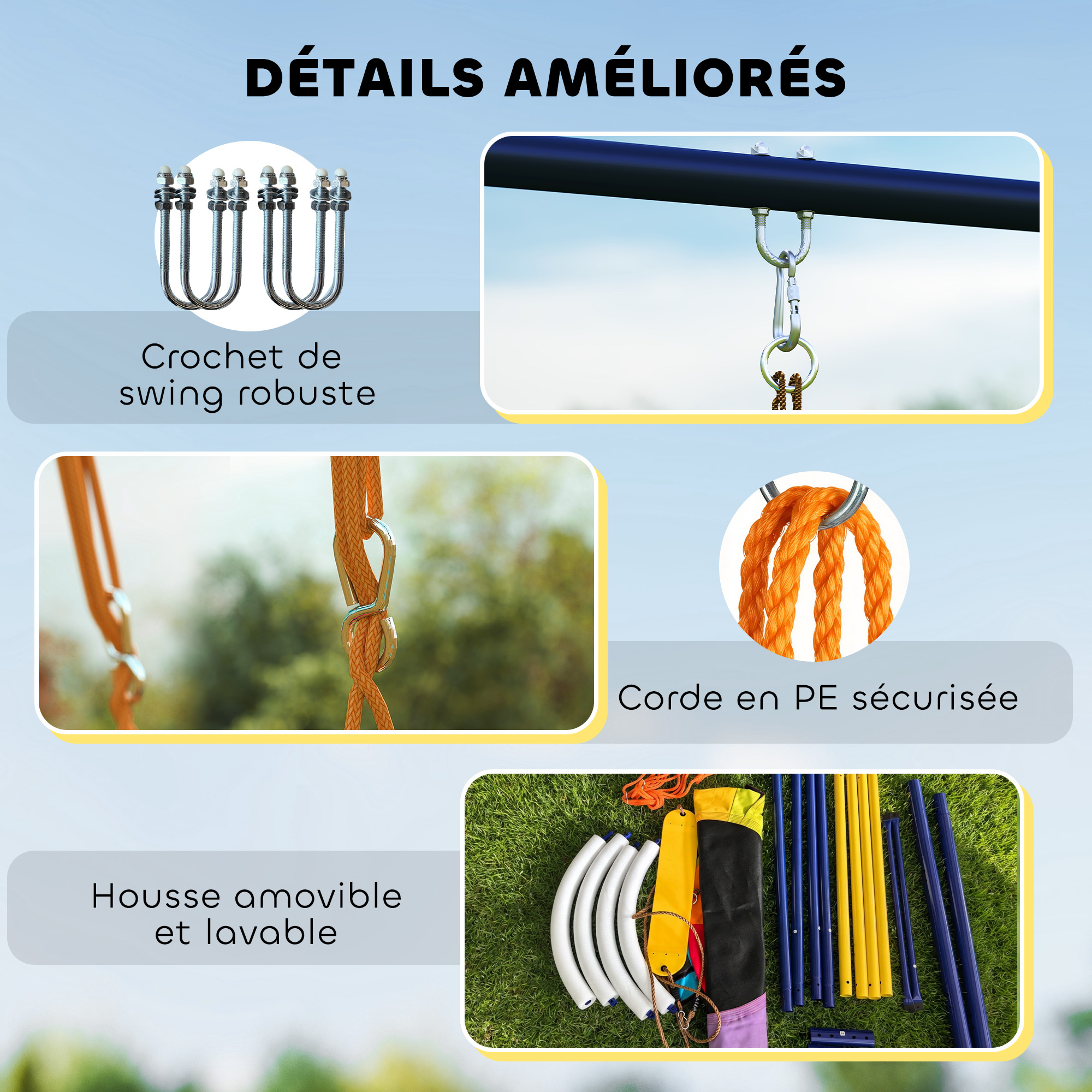 Balançoire portique pour enfant avec double balancelles, cordes réglables, cadre en acier, pour 3-8 ans, multicolore – vue 8