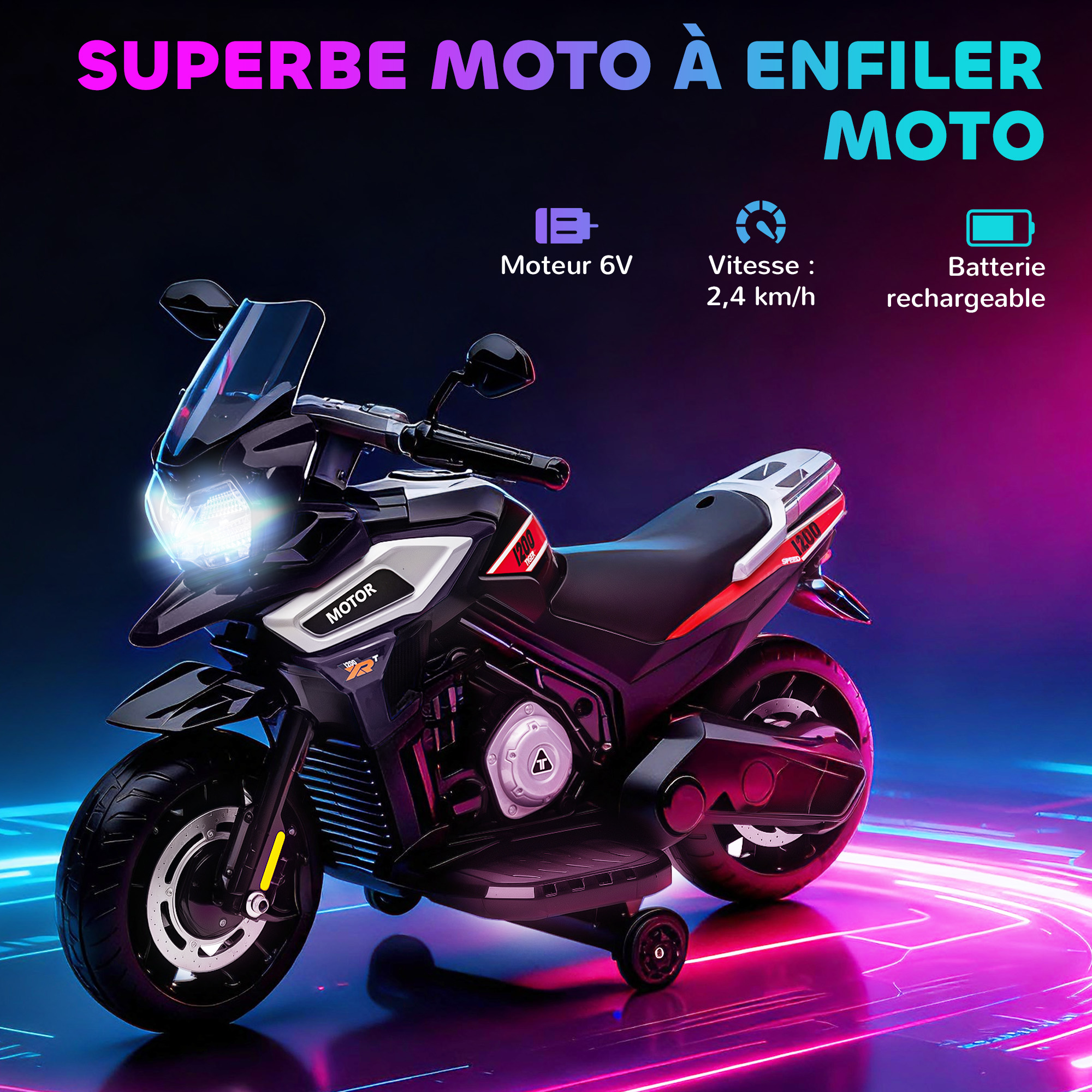 Moto Électrique Enfant 6 V avec Phares, Musique & Roues Stabilisatrices – 18-36 Mois – Noir – vue de détail