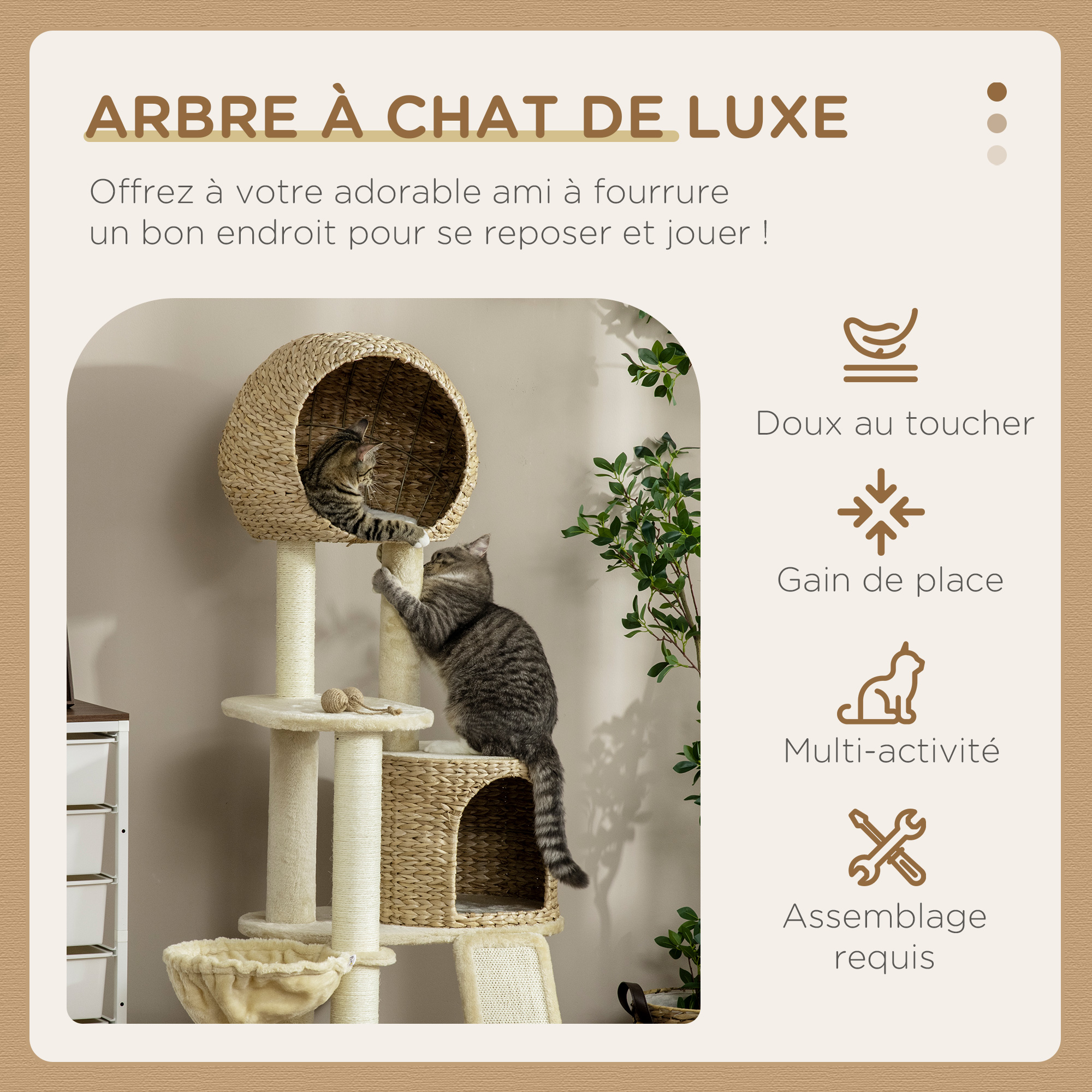 Arbre à chats griffoir sisal naturel 2 niches plateforme hamac peluche jacinthe d'eau - 60 x 60 x 150 cm beige – vue 6