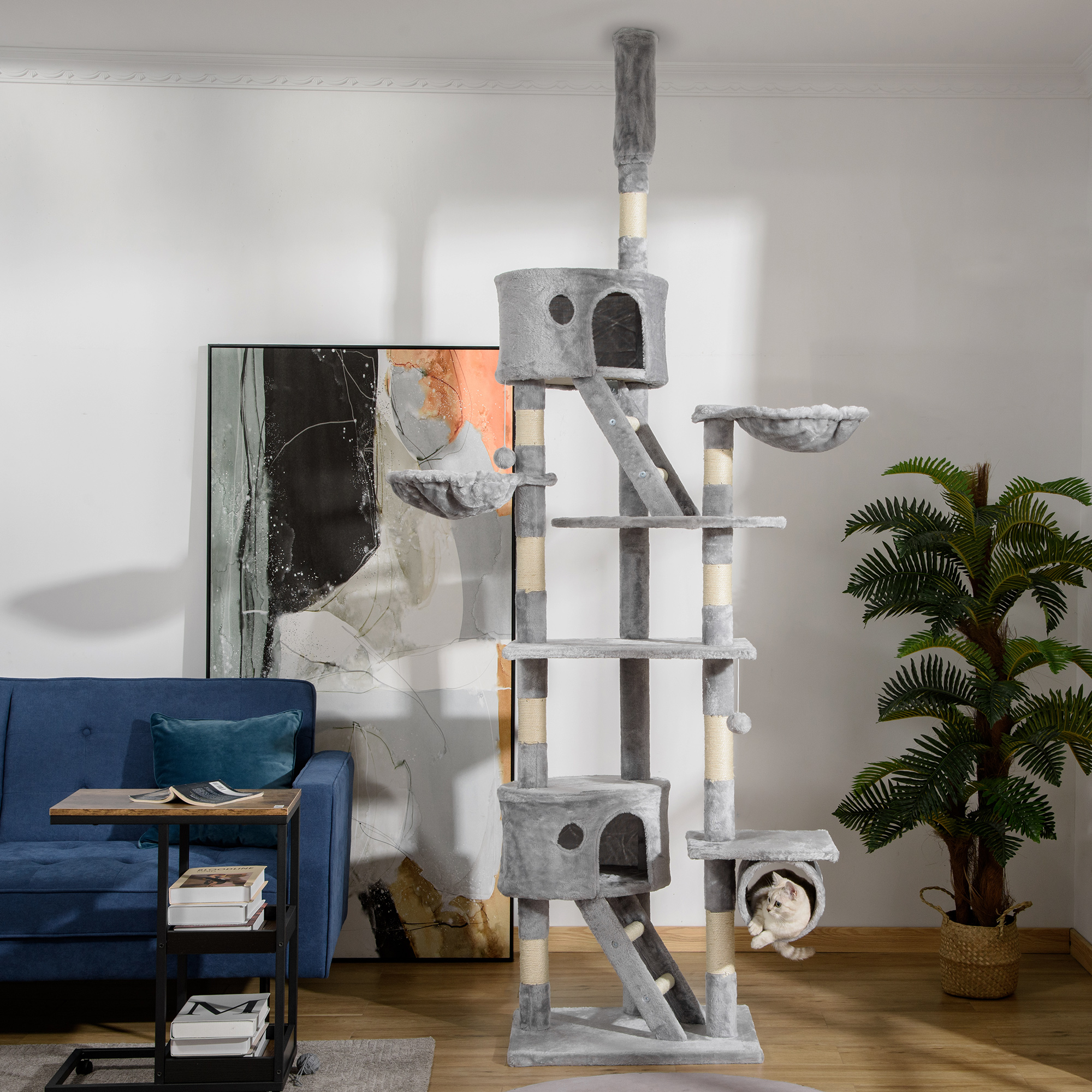 Arbre à chat du sol au plafond, tour à chat réglable en hauteur de 240-260 cm à plusieurs niveaux, gris clair – vue supplémentaire