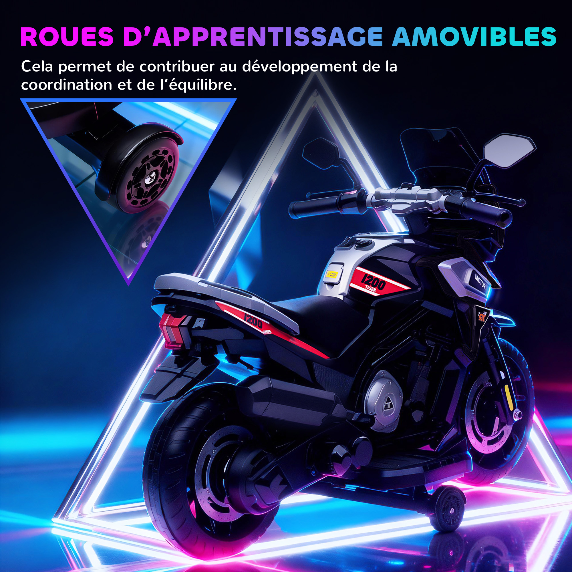 Moto Électrique Enfant 6 V avec Phares, Musique & Roues Stabilisatrices – 18-36 Mois – Noir – vue 5