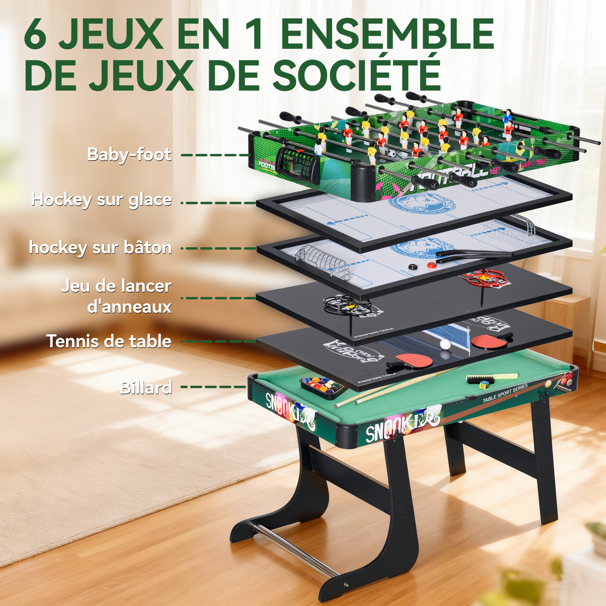 Table Multi-Jeux 6-en-1 Pliable – Baby-Foot, Billard, Ping-Pong, Hockey & Jeux d’Anneaux – 118 cm – vue de détail
