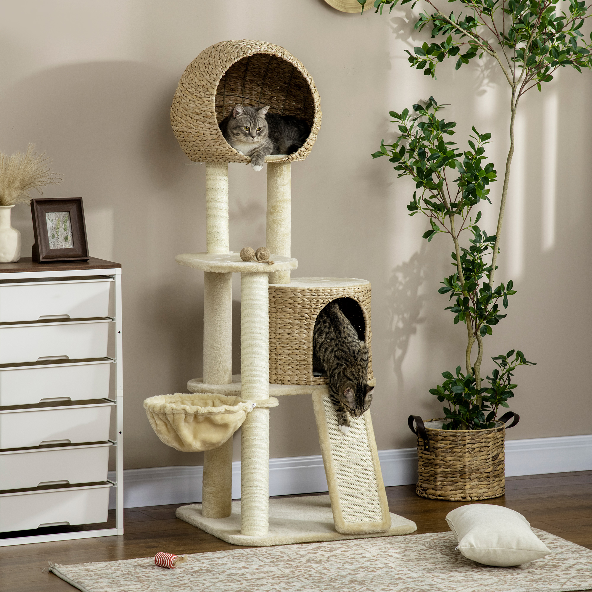 Arbre à chats griffoir sisal naturel 2 niches plateforme hamac peluche jacinthe d'eau - 60 x 60 x 150 cm beige – vue supplémentaire