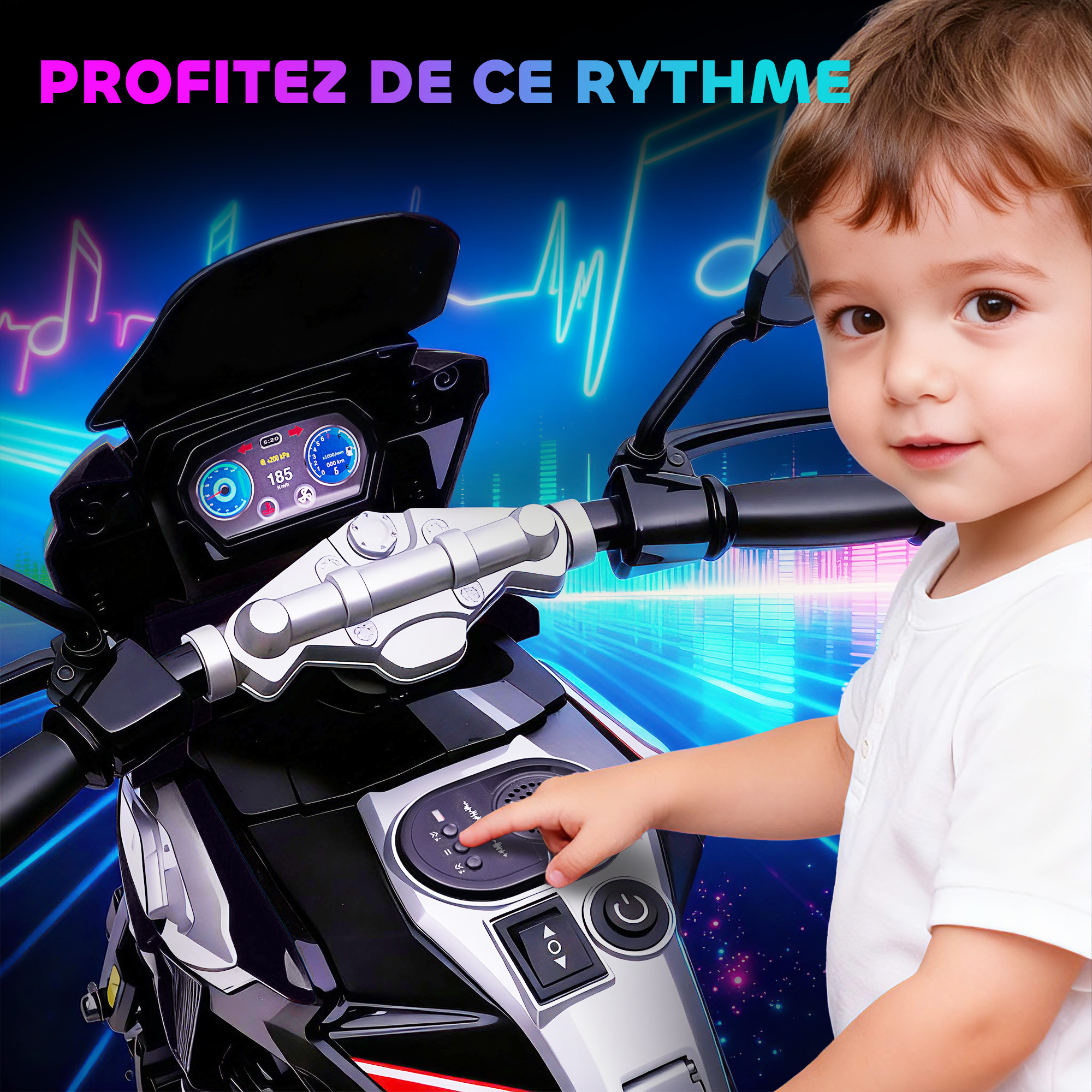 Moto Électrique Enfant 6 V avec Phares, Musique & Roues Stabilisatrices – 18-36 Mois – Noir – vue 7