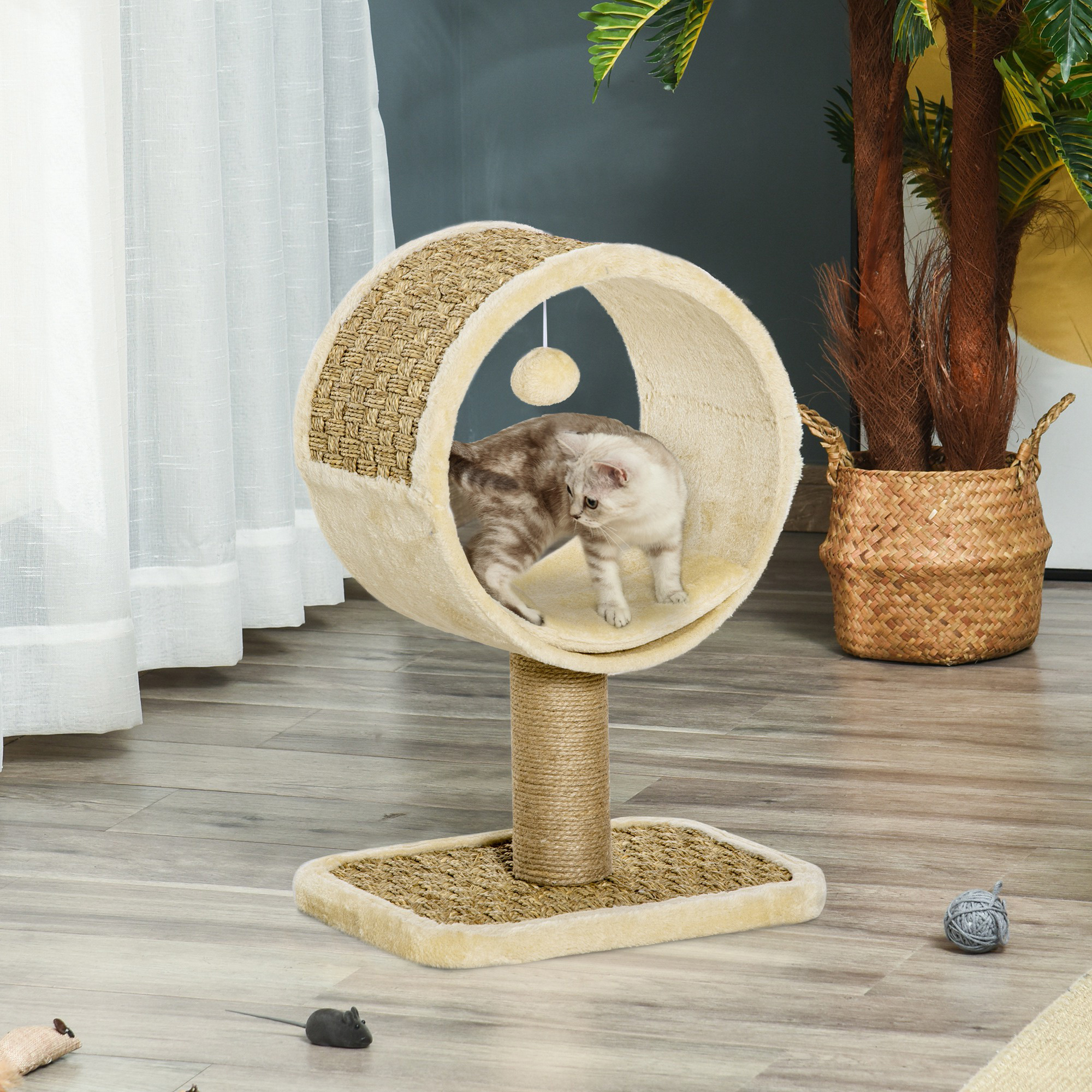 Arbre à chat compact 56 cm avec couchage, griffoir en jute & jouet – beige & kaki – vue supplémentaire