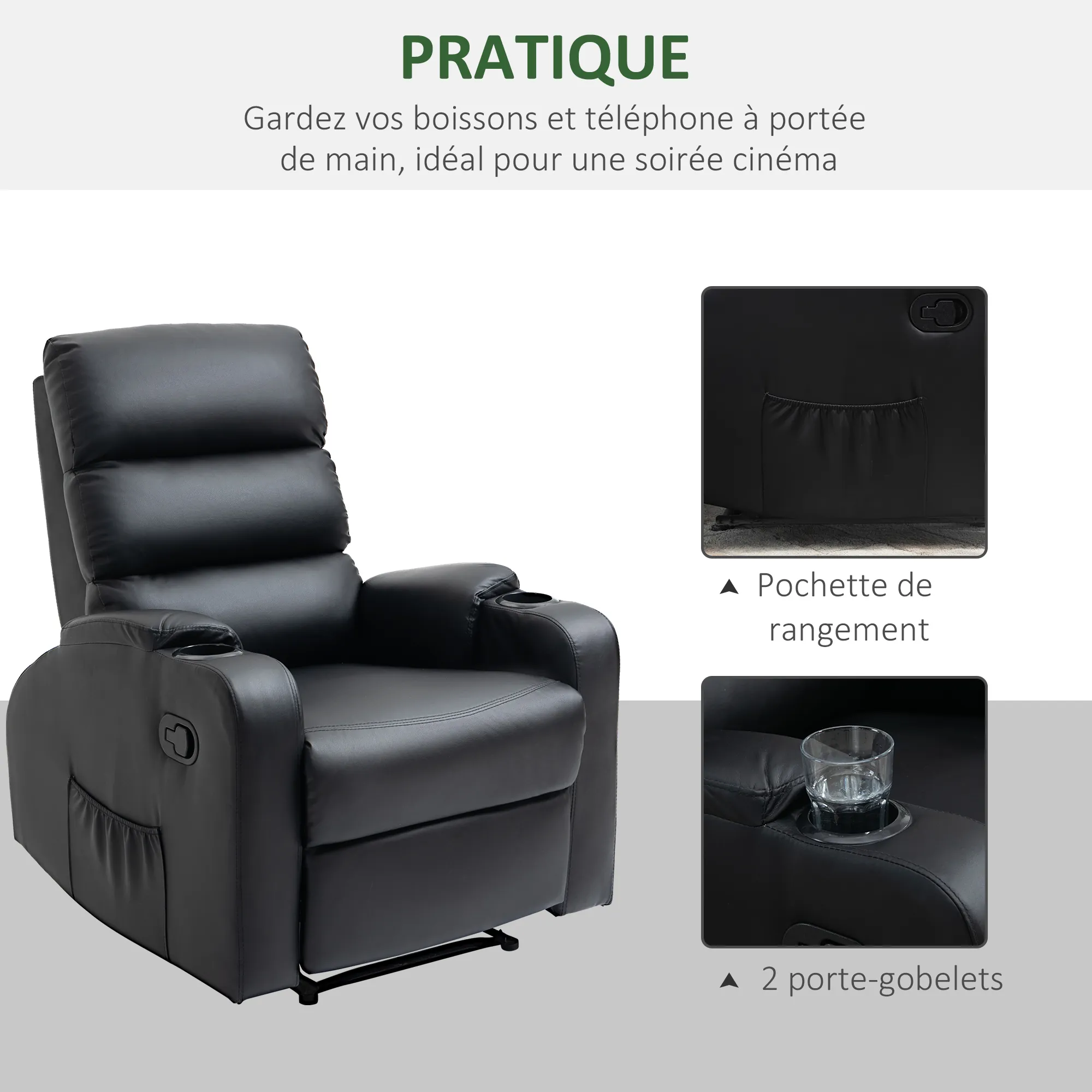 Fauteuil Relax Manuel Inclinable avec Repose-Pieds & Porte-Gobelets – Noir – Bild 4