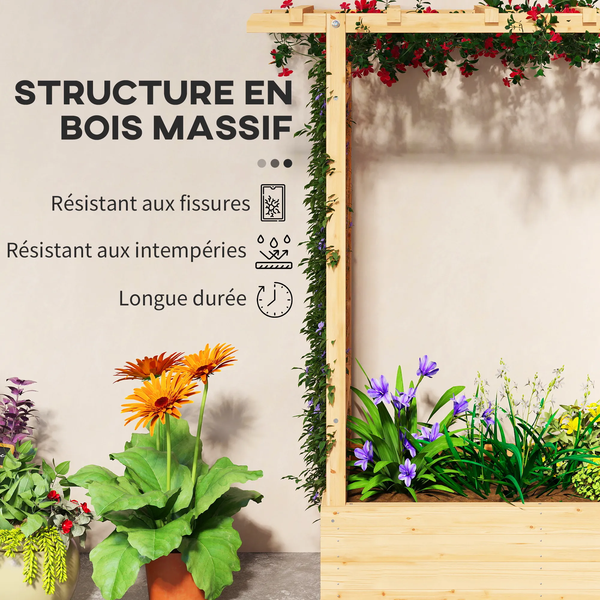 Jardinière surélevée avec treillis latéral et supérieur, bac à fleurs trous de drainage, 110x44x113cm, bois naturel – vue 7