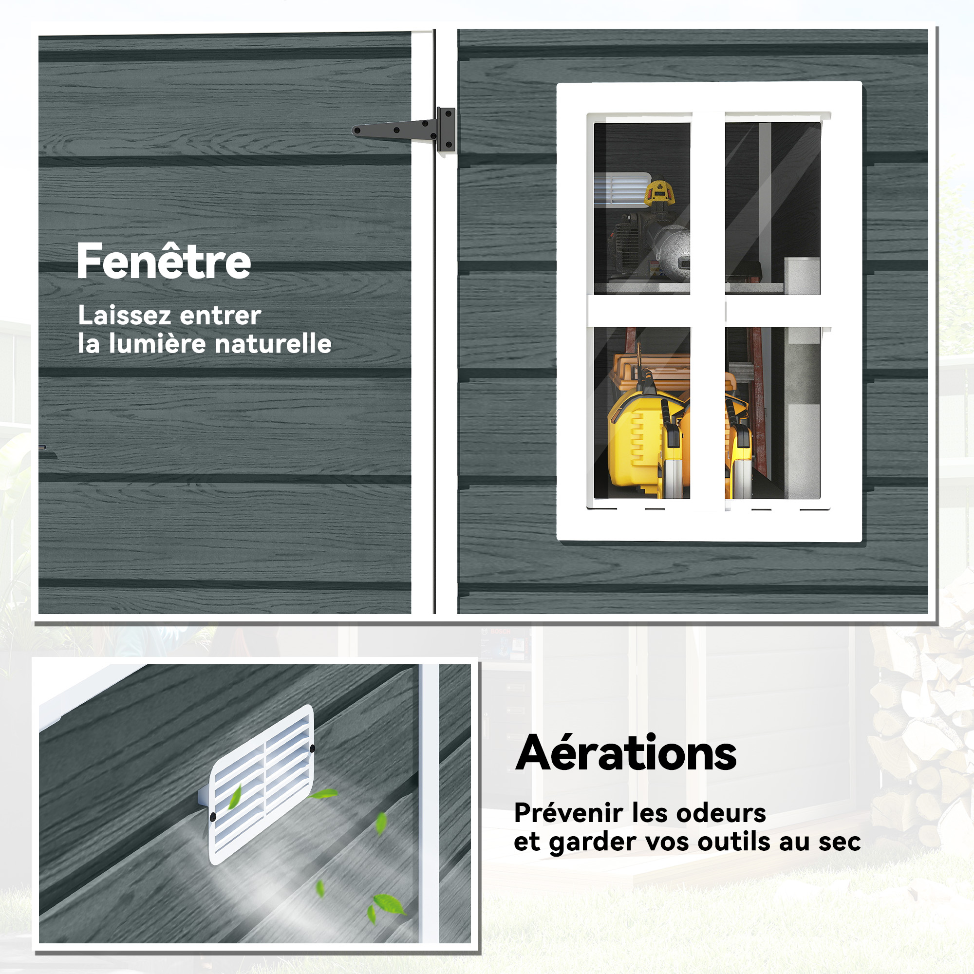 Abri de Jardin Cabanon de Stockage Plancher Structure Aluminium 3 Fenêtres 2 Aérations 182x182x183cm Gris Effet Bois – vue 5