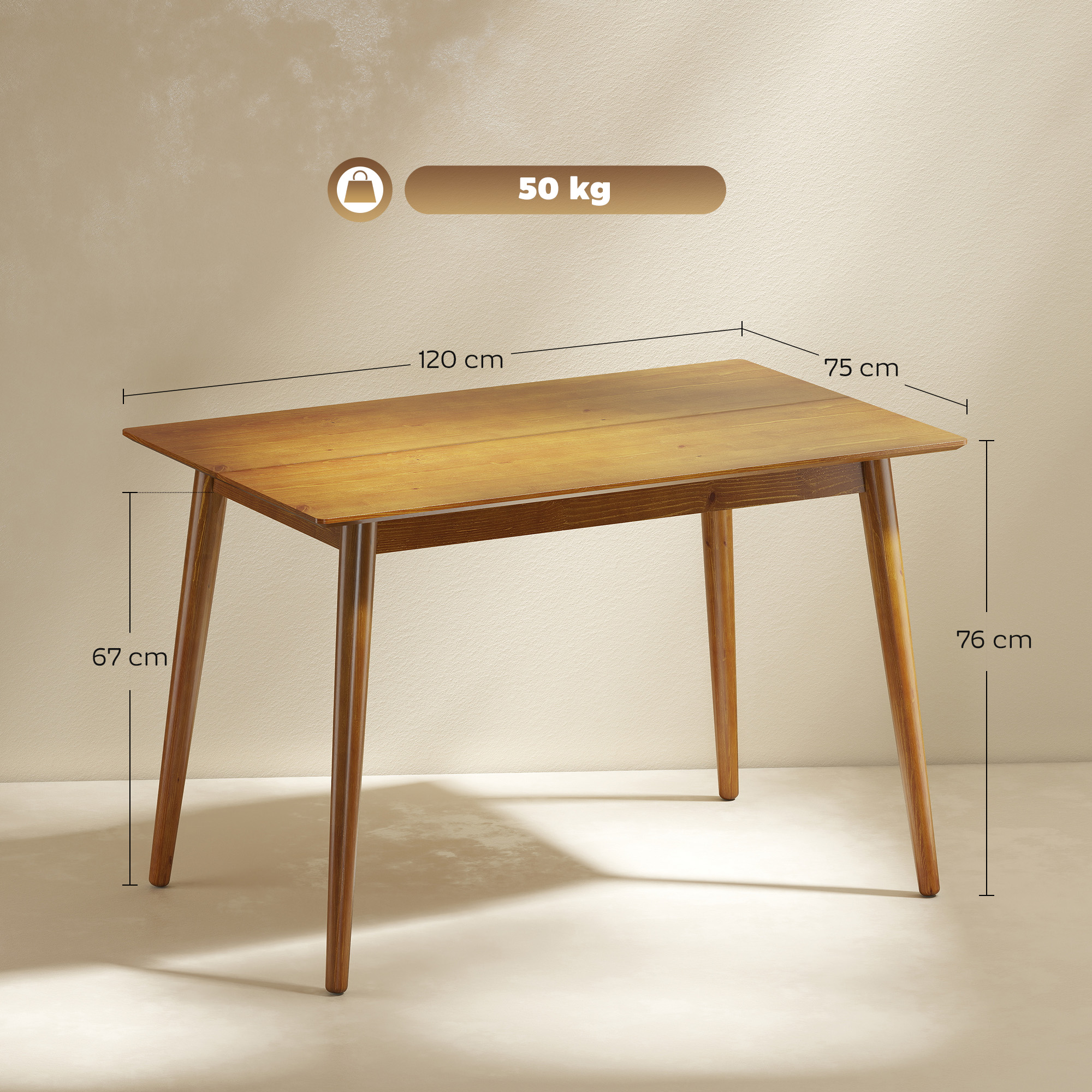 Table de Salle à Manger 4 Personnes en Bois de Pin – 120 × 75 × 76 cm – Marron – autre vue