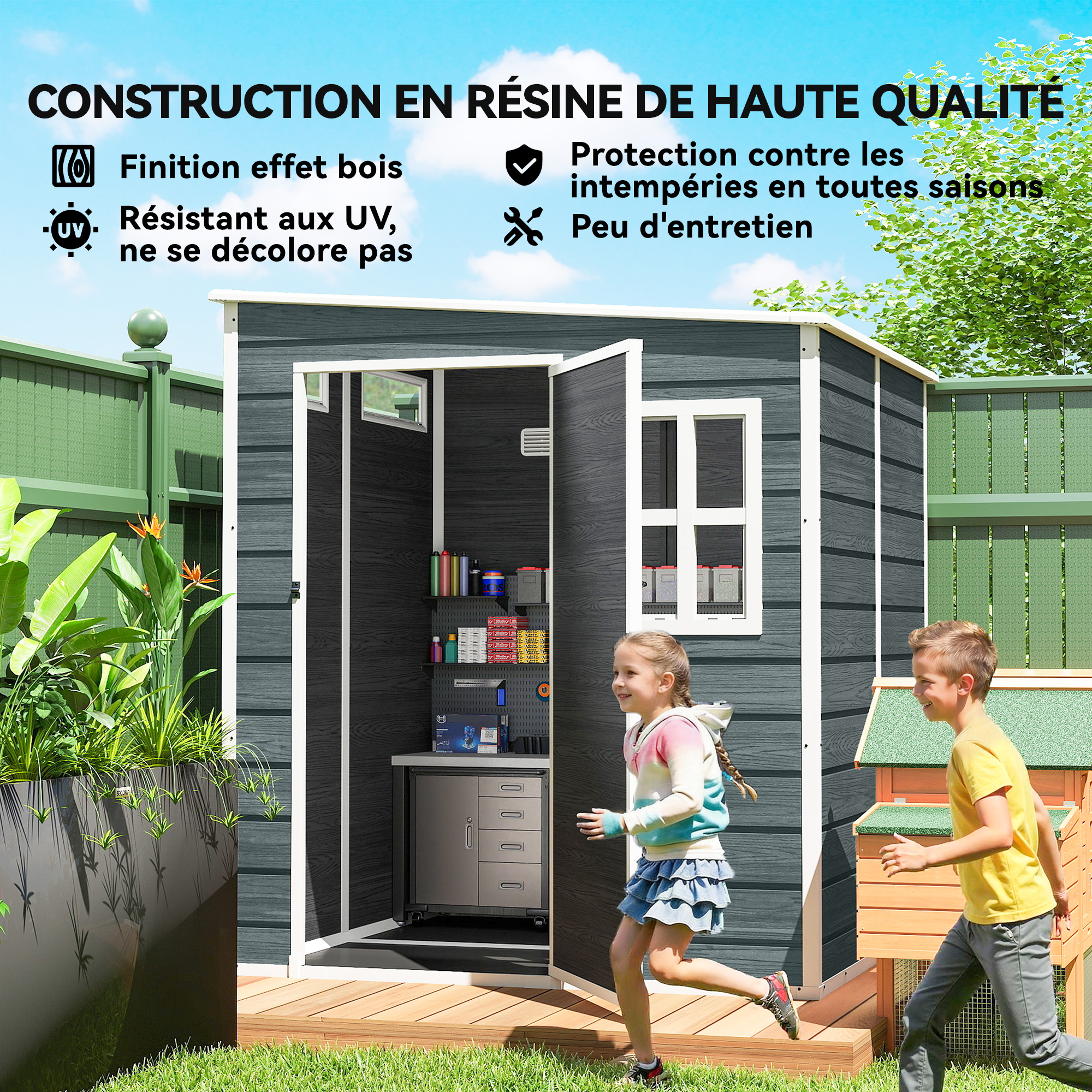 Abri de Jardin Cabanon de Stockage Plancher Structure Aluminium 3 Fenêtres 2 Aérations 182x182x183cm Gris Effet Bois – vue 8