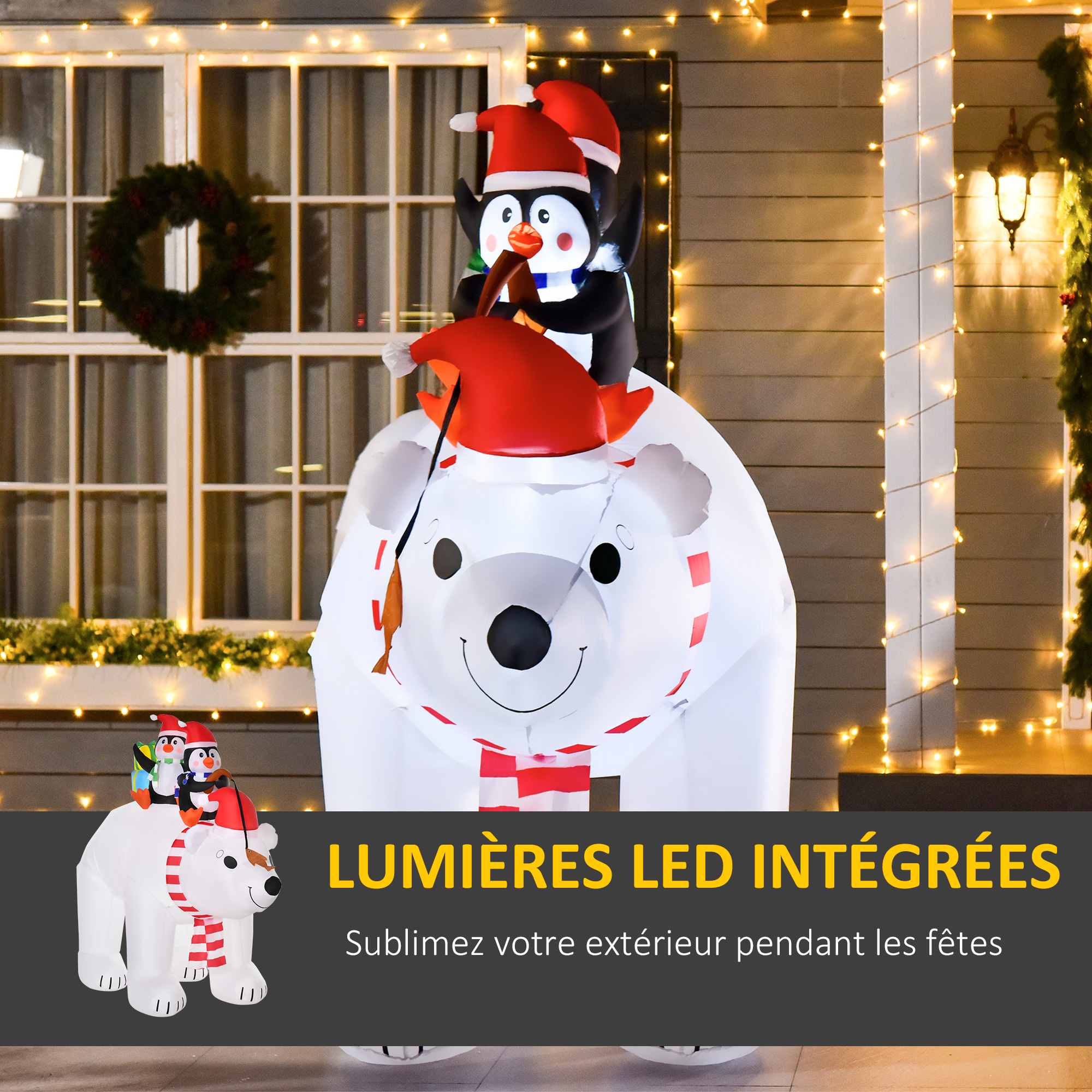 Ours polaire gonflable de Noël 206 cm avec 2 pingouins et LED – HOMCOM – vue de détail