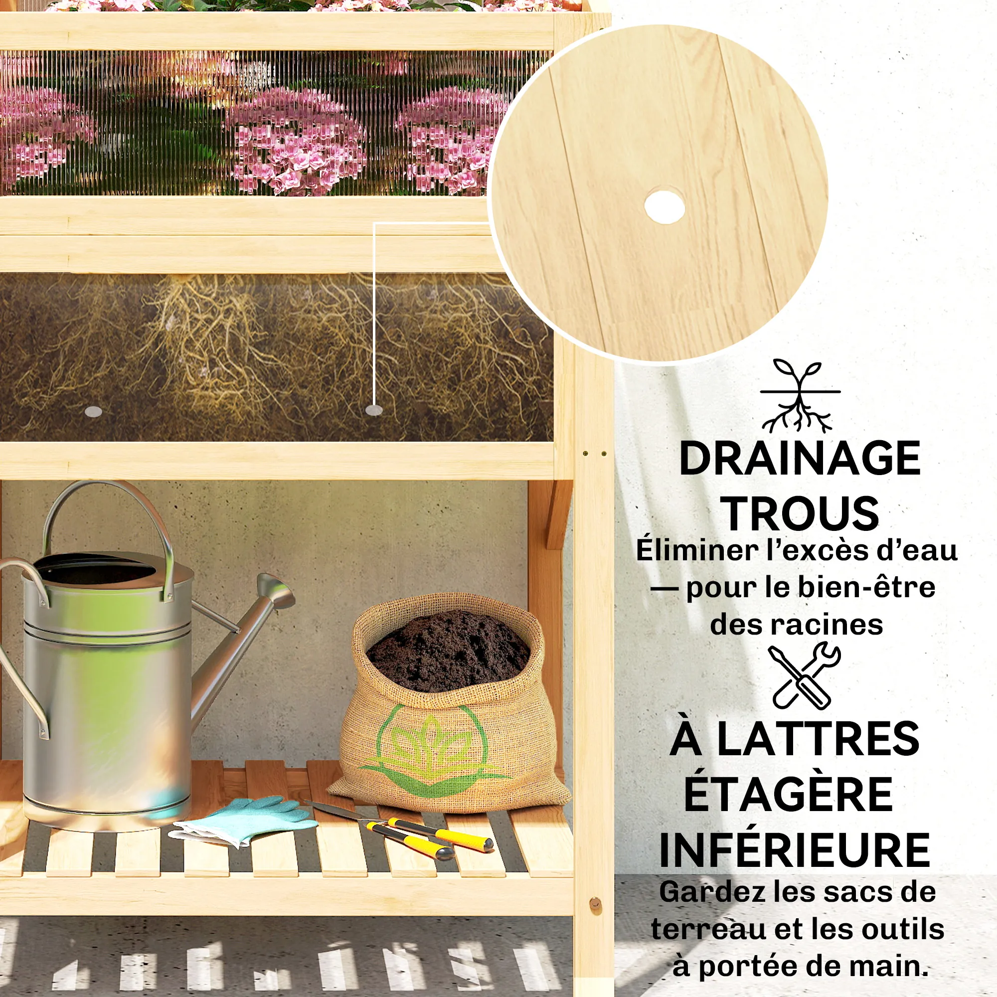 Carré Potager Surélevé avec Serre & Table Pliante – Bois Naturel – vue 8