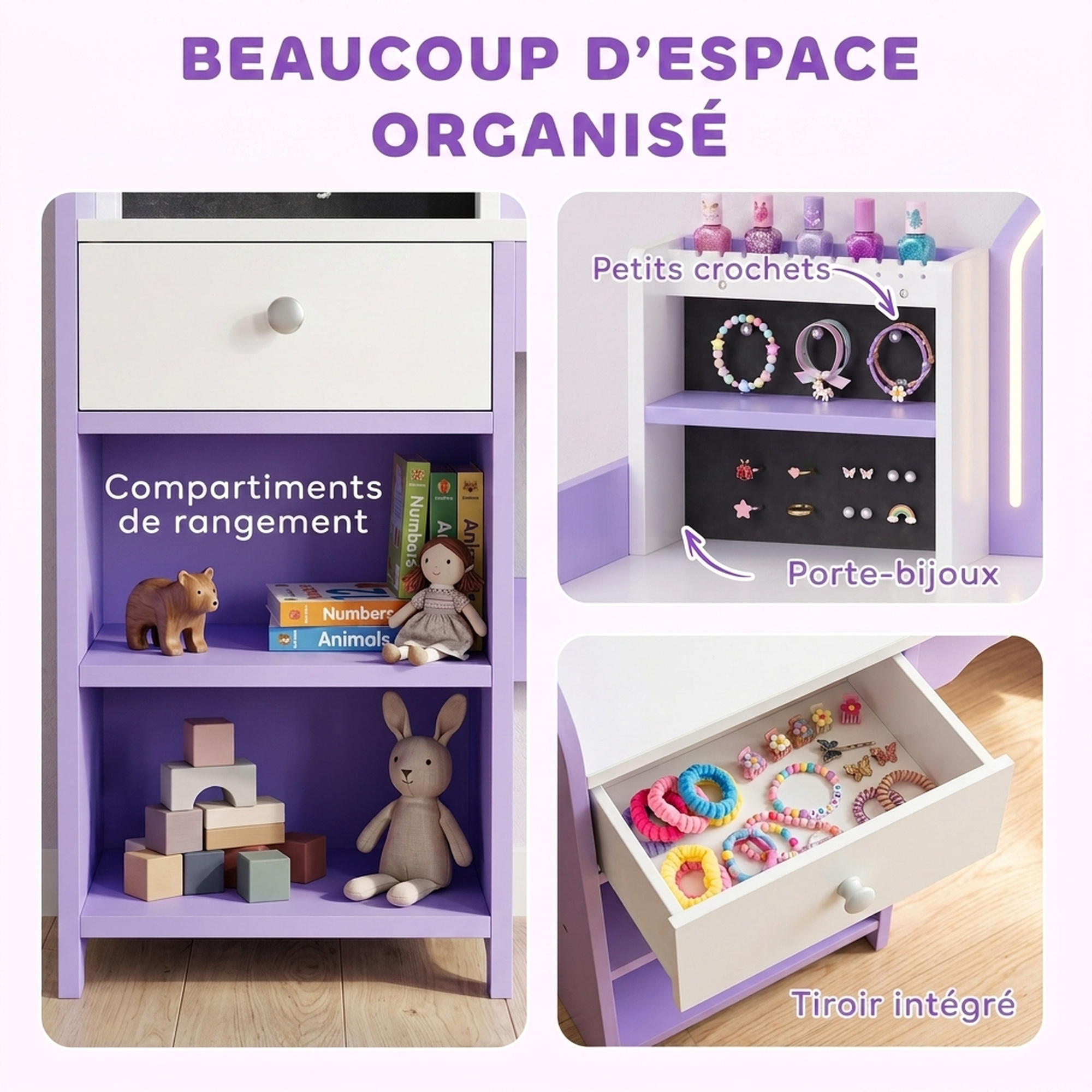 Coiffeuse Enfant avec Miroir, Éclairage LED, Rangements & Tabouret – Violet & Blanc – vue 5