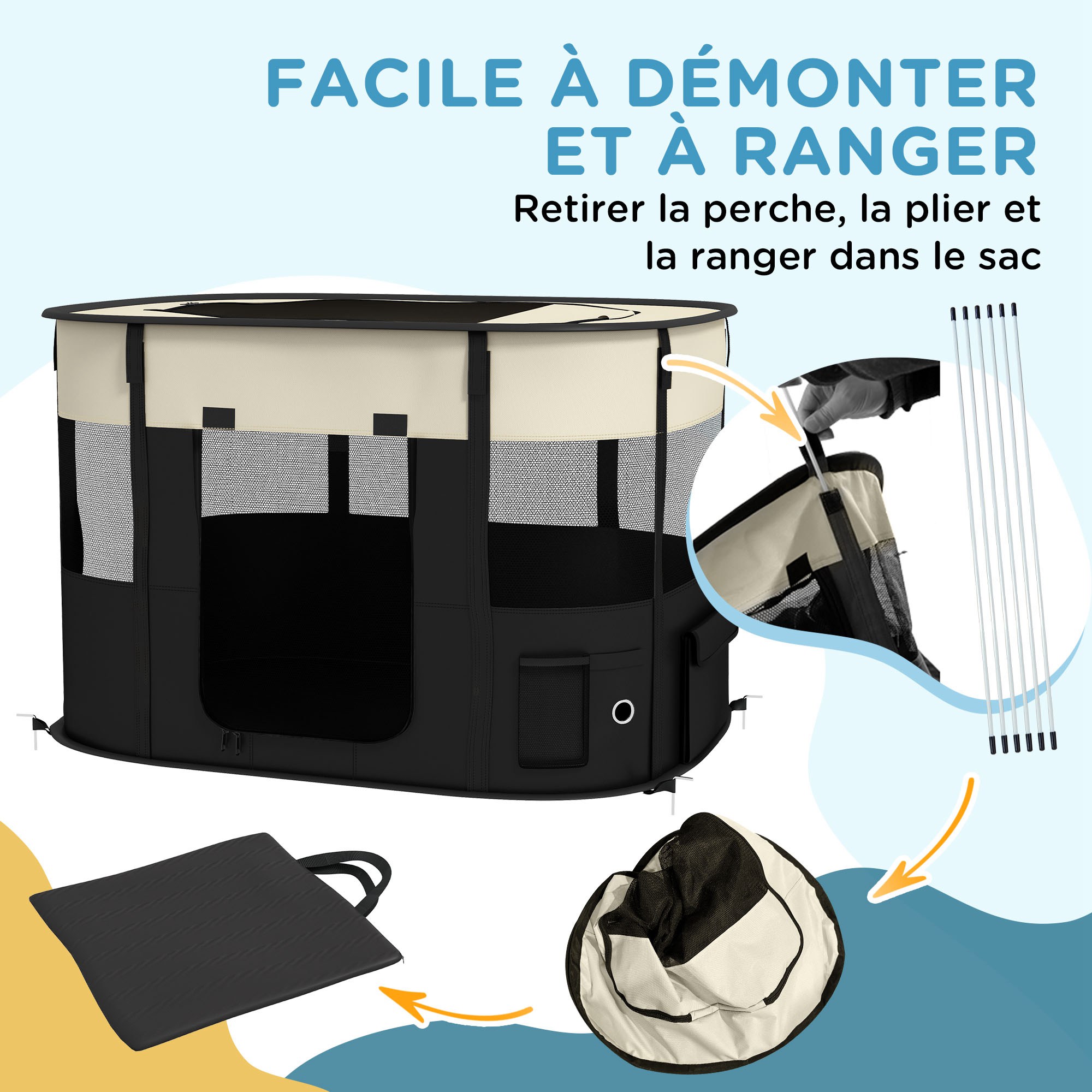 Parc enclos pliable pour chien chat petits animaux en tissu Oxford avec rangement 94 x 74 x 60 cm blanc crème et noir – vue 6