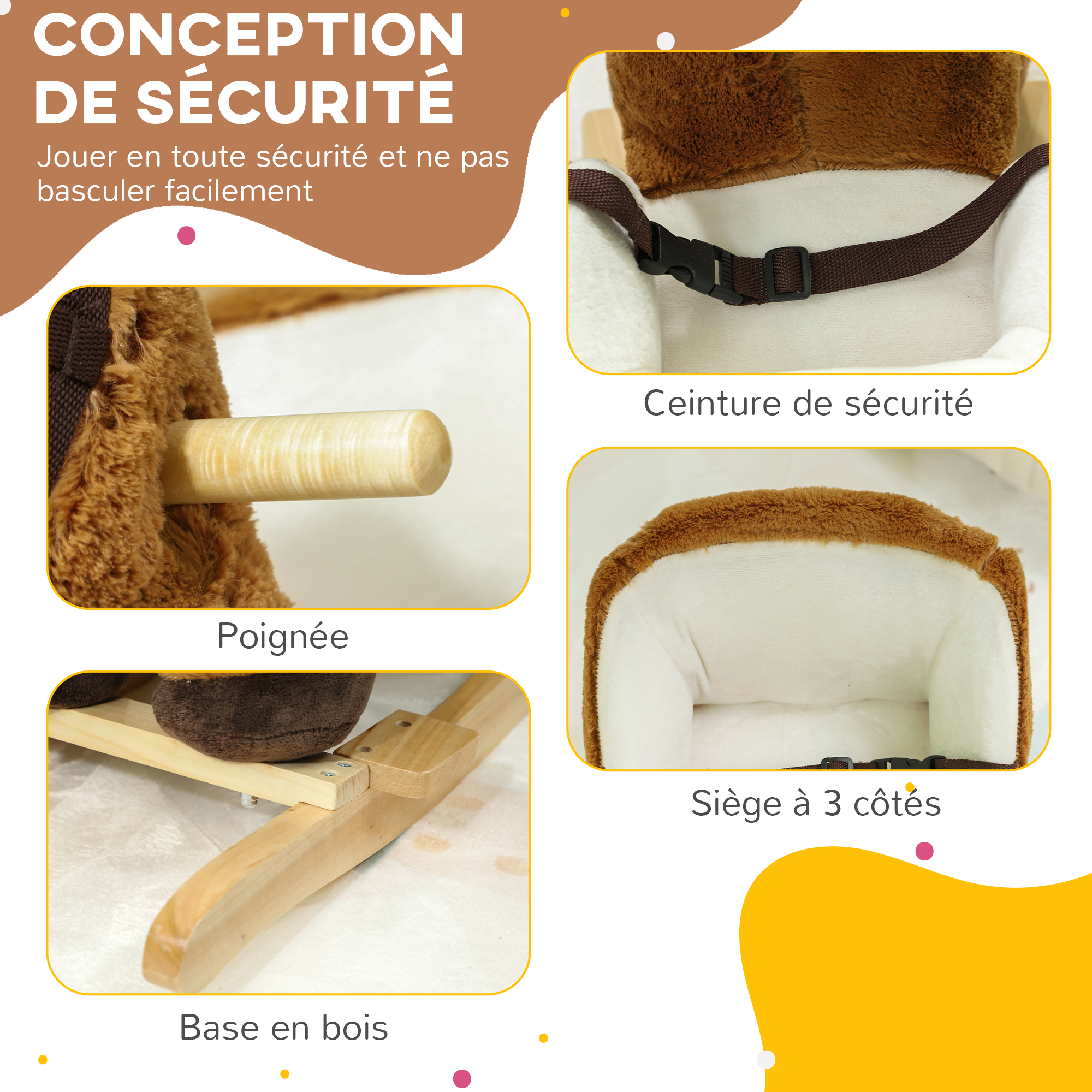 Cheval à Bascule Bébé avec Sons, Ceinture & Repose-Pieds – 18 à 36 Mois – Marron – vue 6