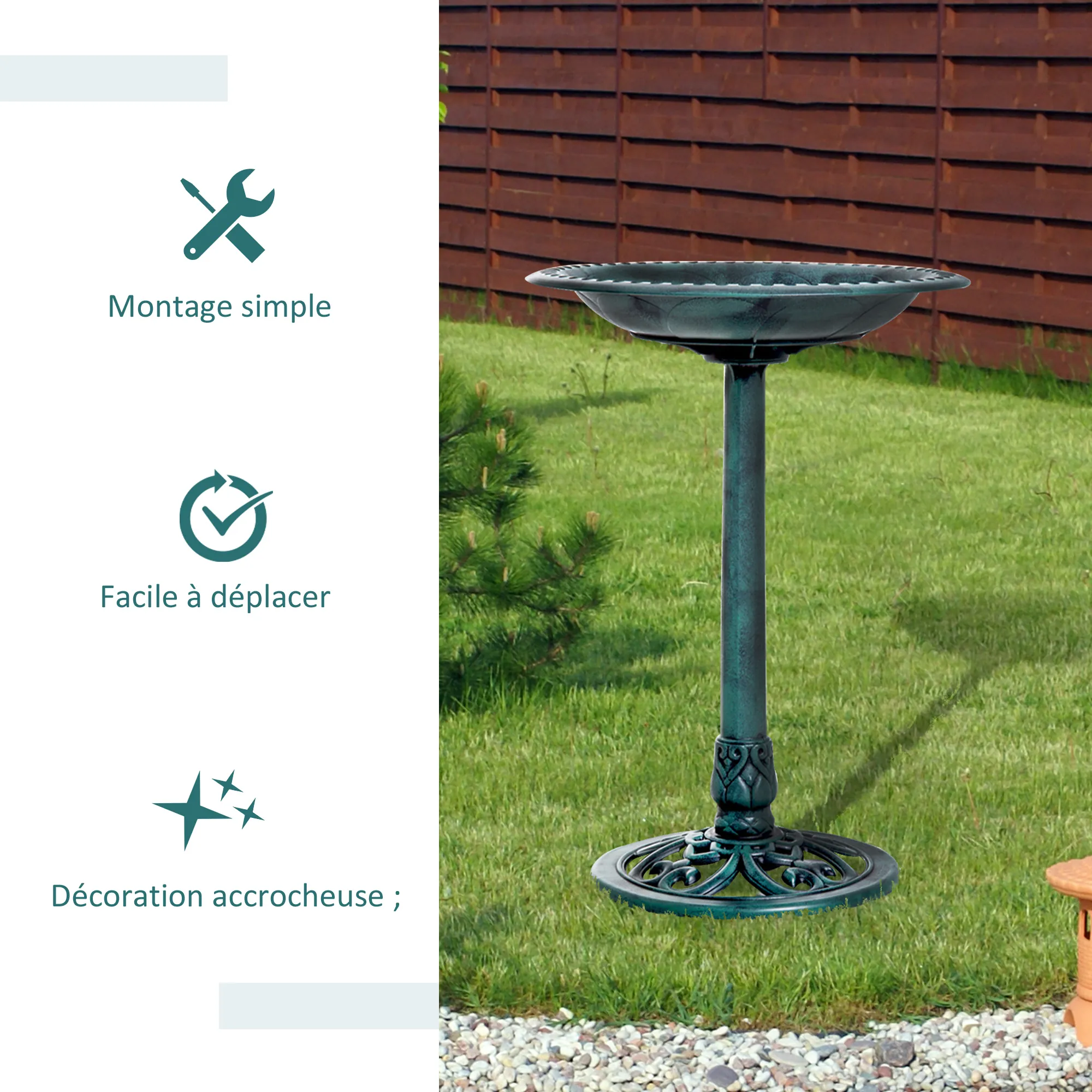 Bain d'oiseaux plateau de diamètre 50cm abreuvoir oiseaux extérieur sur pied hauteur 69,5 cm érugineux – vue 7