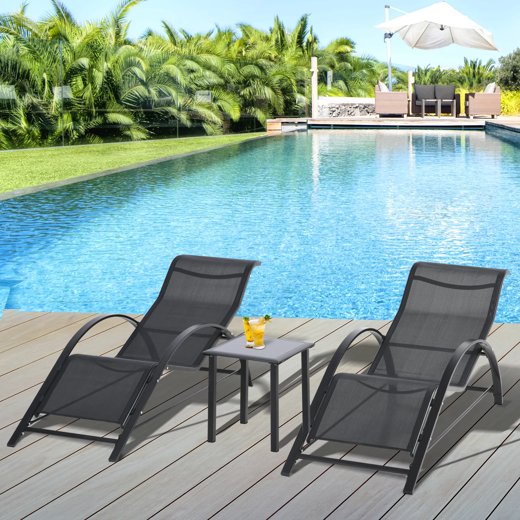 Lot de 2 bains de soleil chaise longue design contemporain table basse plateau verre trempé métal époxy textilène noir – vue supplémentaire