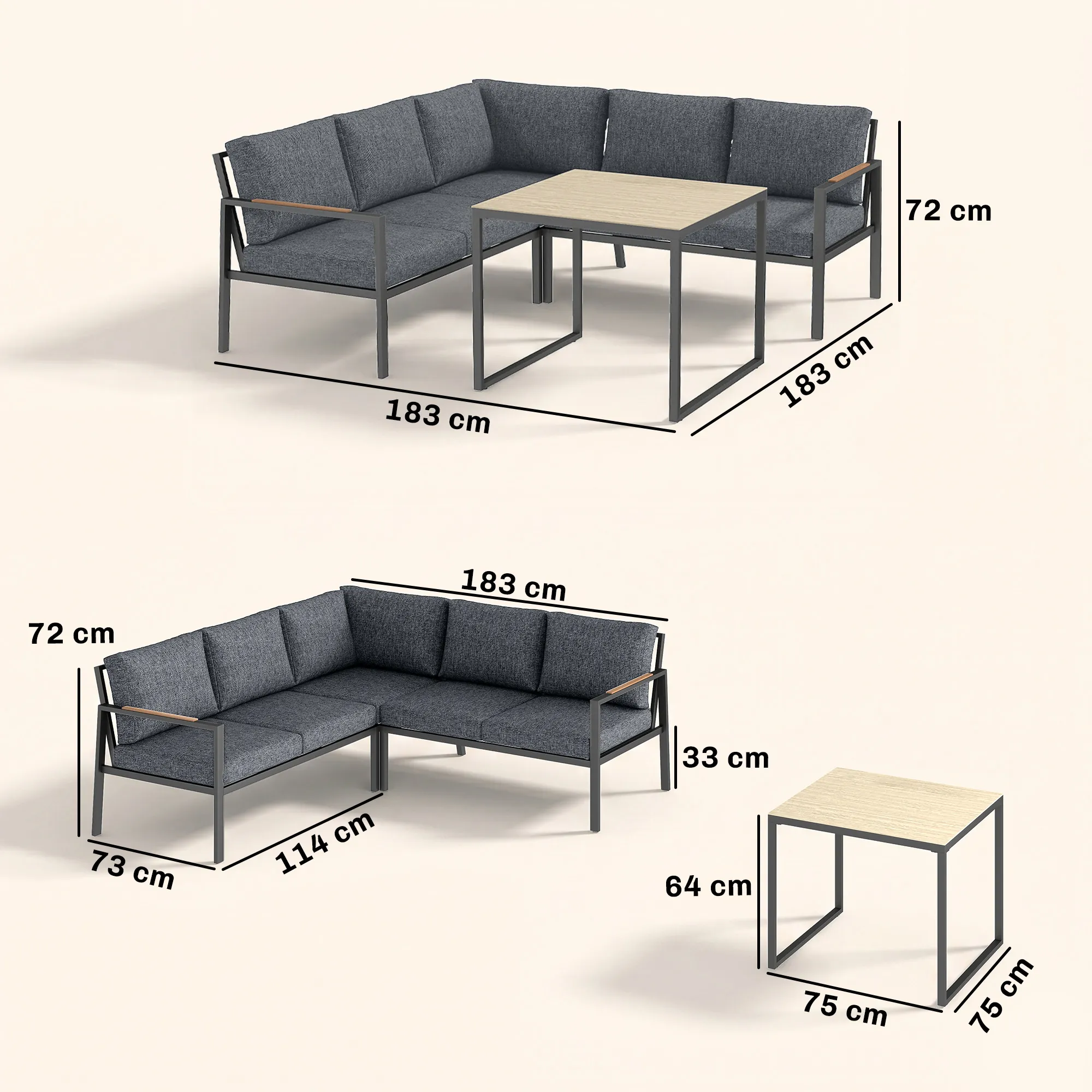 Salon de Jardin 5 Places avec Coussins & Table Basse – Gris Foncé – autre vue