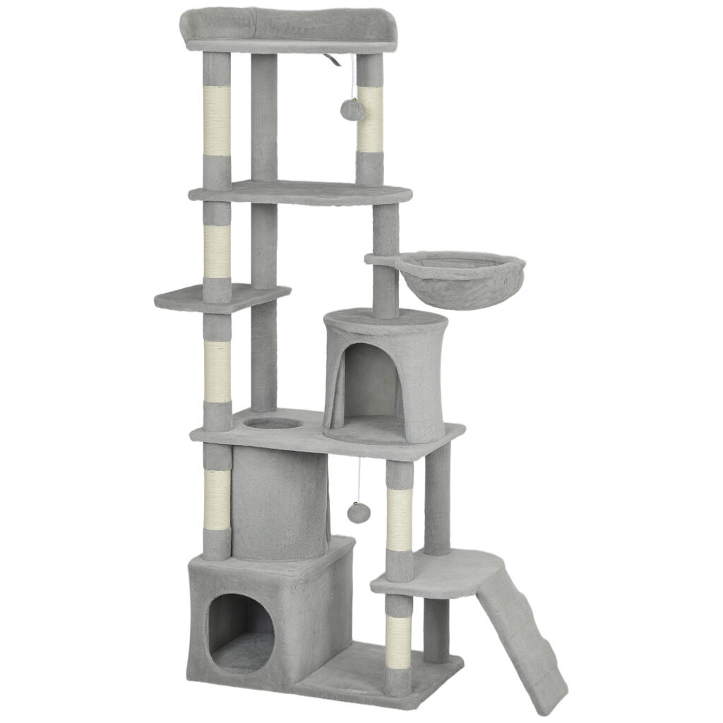 Arbre à chat tour de jeux 7 poteaux à griffer 3 platesformes 2 niches tunnel hamac et 2 pompons 170 cm gris foncé