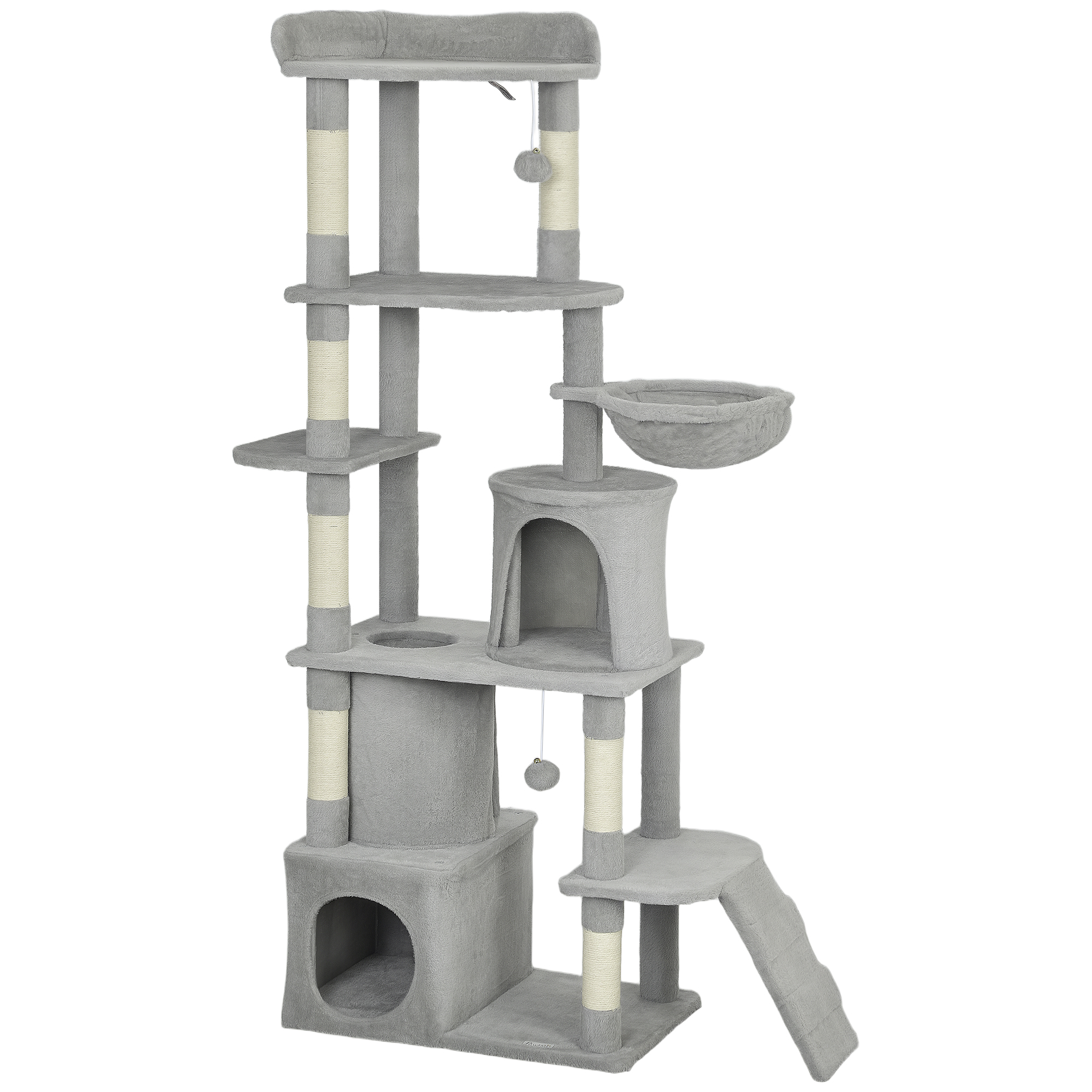 Arbre à chat tour de jeux 7 poteaux à griffer 3 platesformes 2 niches tunnel hamac et 2 pompons 170 cm gris foncé