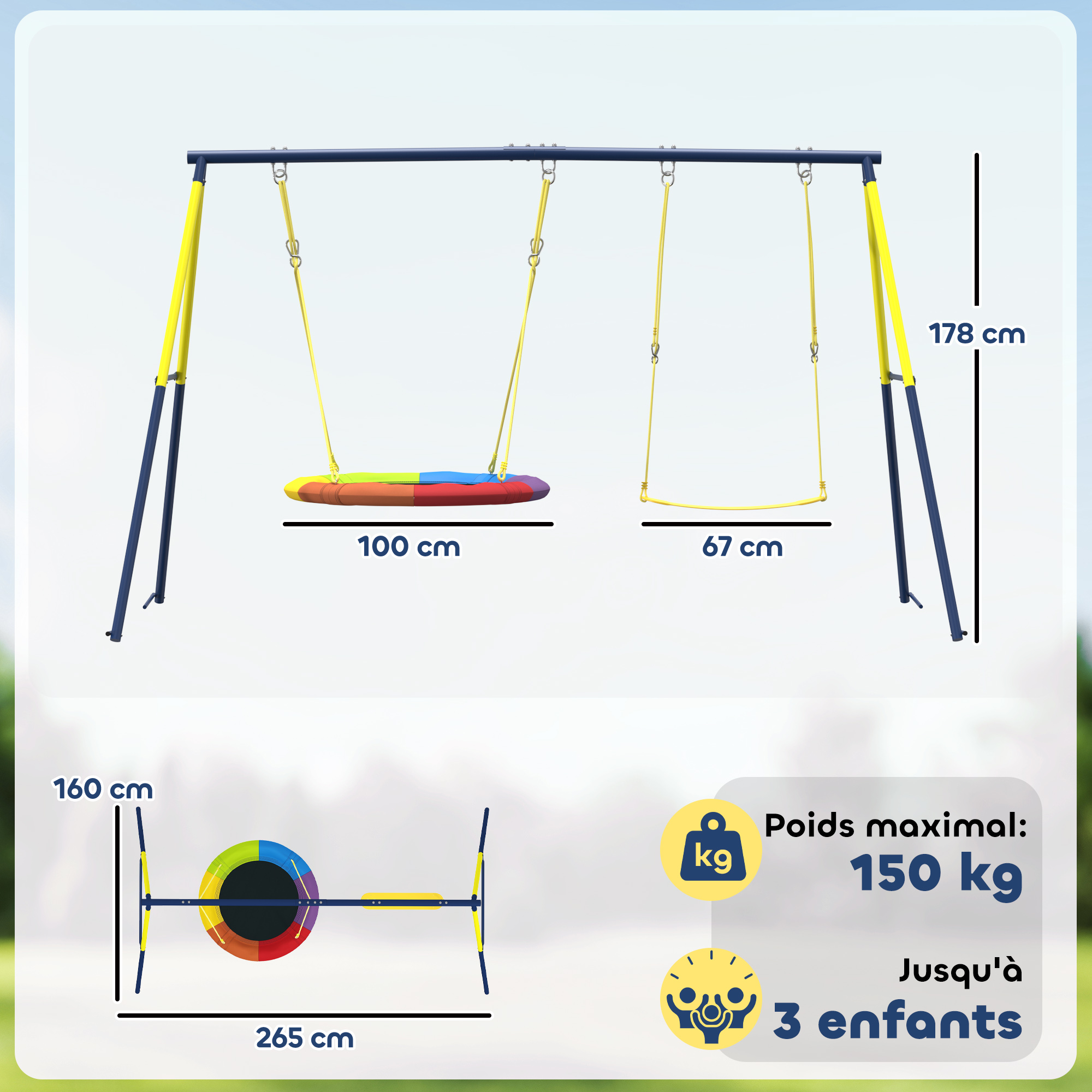 Balançoire portique pour enfant avec double balancelles, cordes réglables, cadre en acier, pour 3-8 ans, multicolore – autre vue