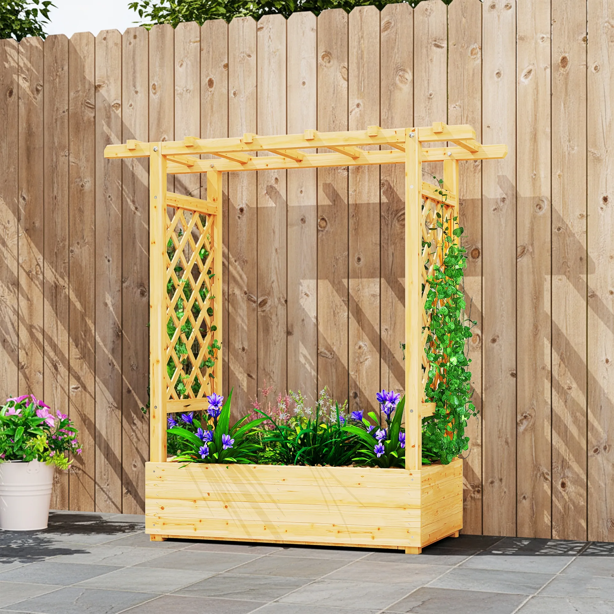 Jardinière surélevée avec treillis latéral et supérieur, bac à fleurs trous de drainage, 110x44x113cm, bois naturel – vue 9