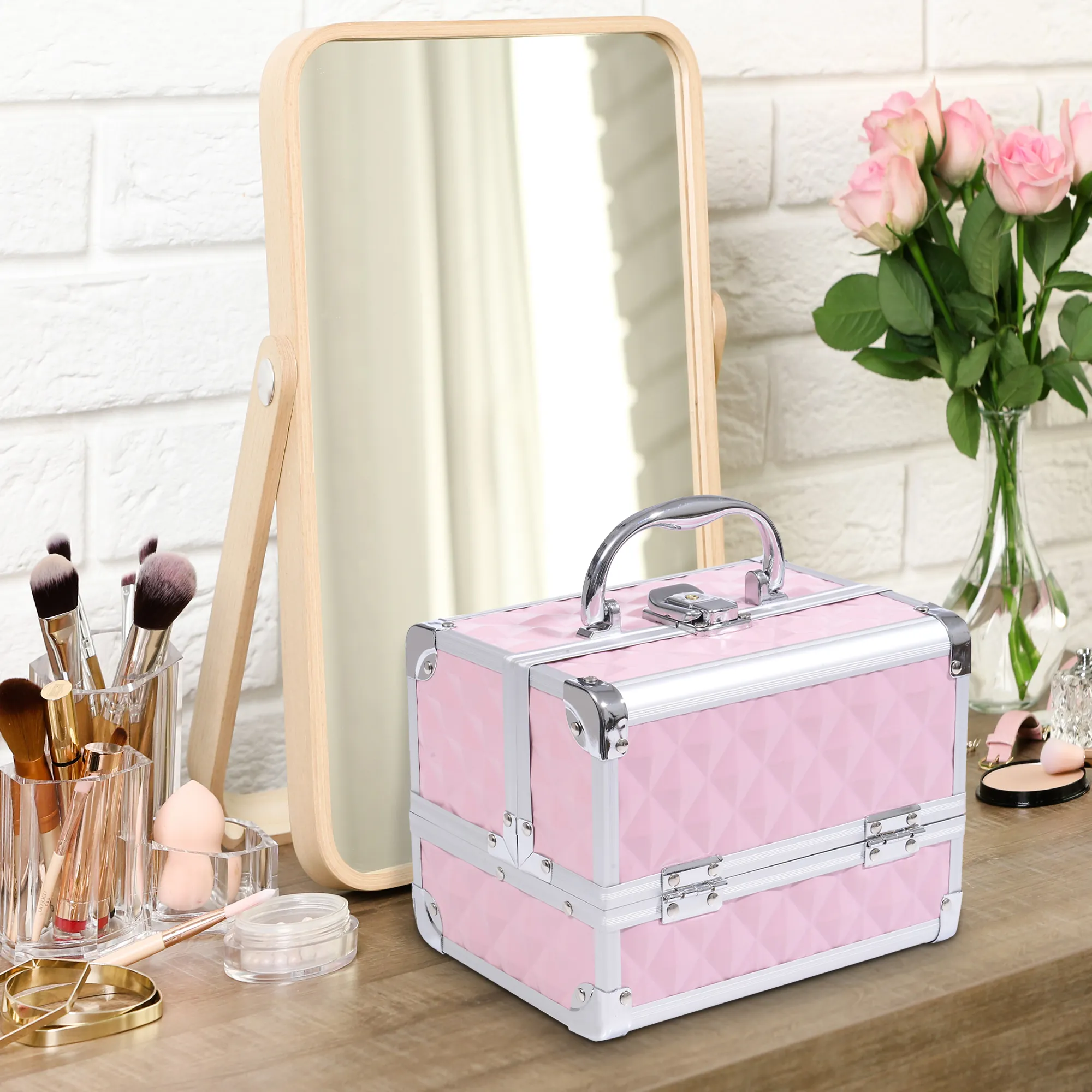 Mallette de maquillage 3 niveaux avec miroir & serrure – rose - Image 2