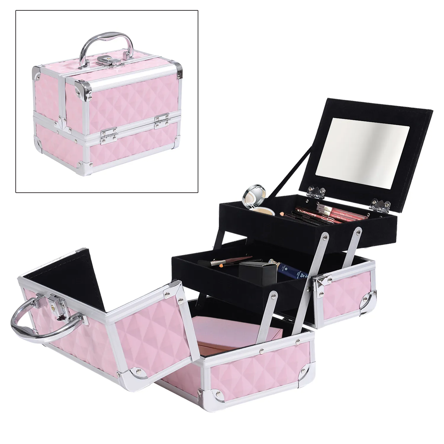 Mallette de maquillage 3 niveaux avec miroir & serrure – rose - Image 8