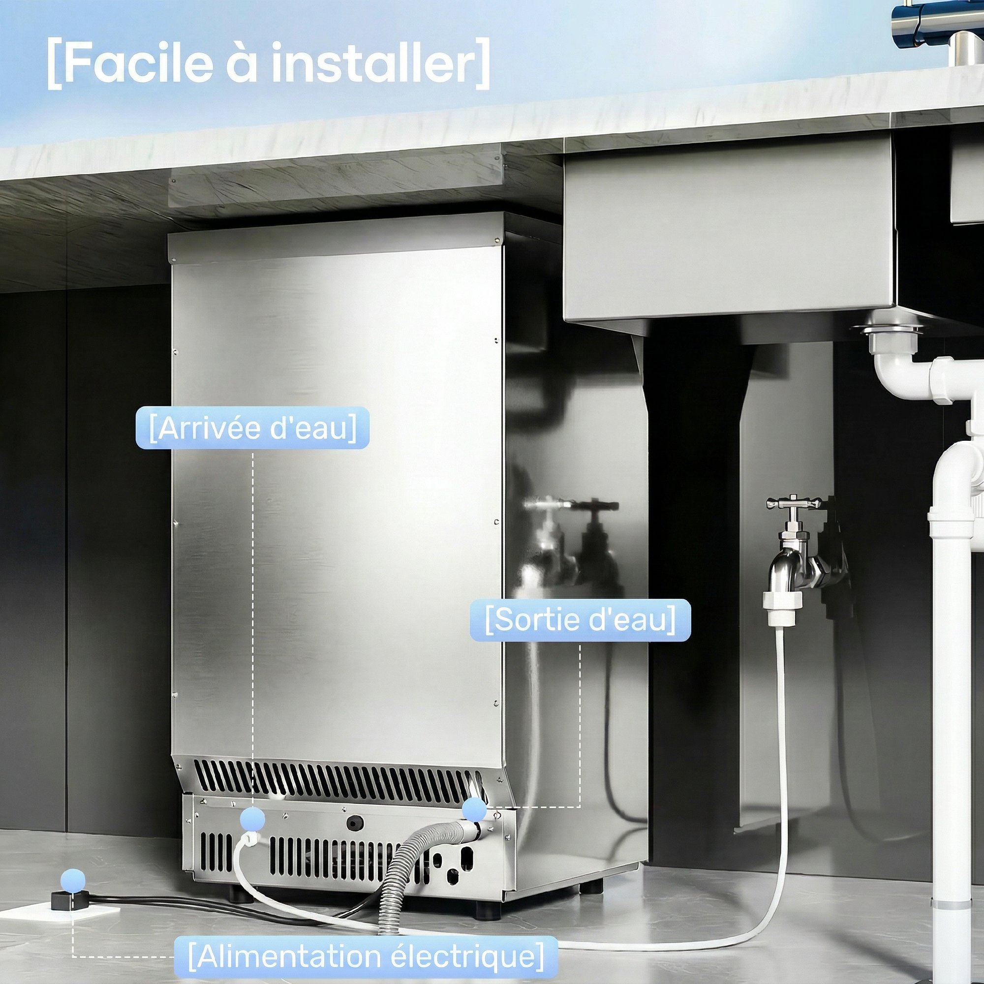 Machine à glaçons commerciale 36 kg/24h, acier inoxydable, ice maker, capacité 5,5 kg, 36 cubes par 10 minutes, – vue 7
