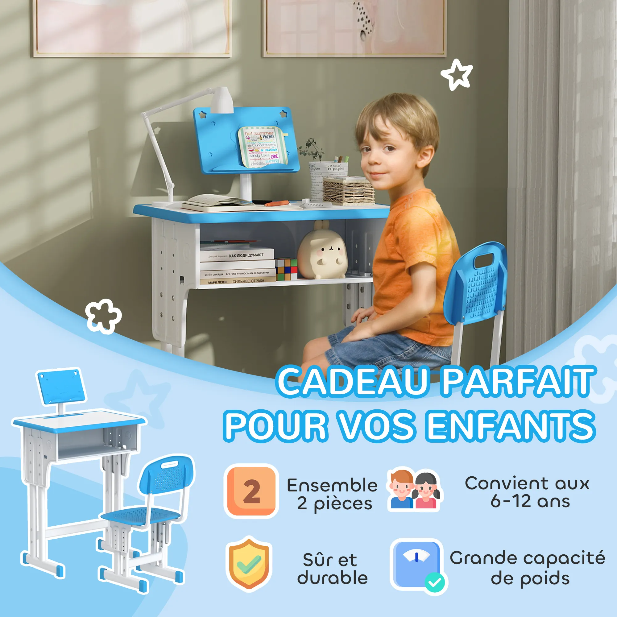 Bureau et Chaise Enfant Réglables avec Support de Lecture & Rangements – Bleu - Image 4