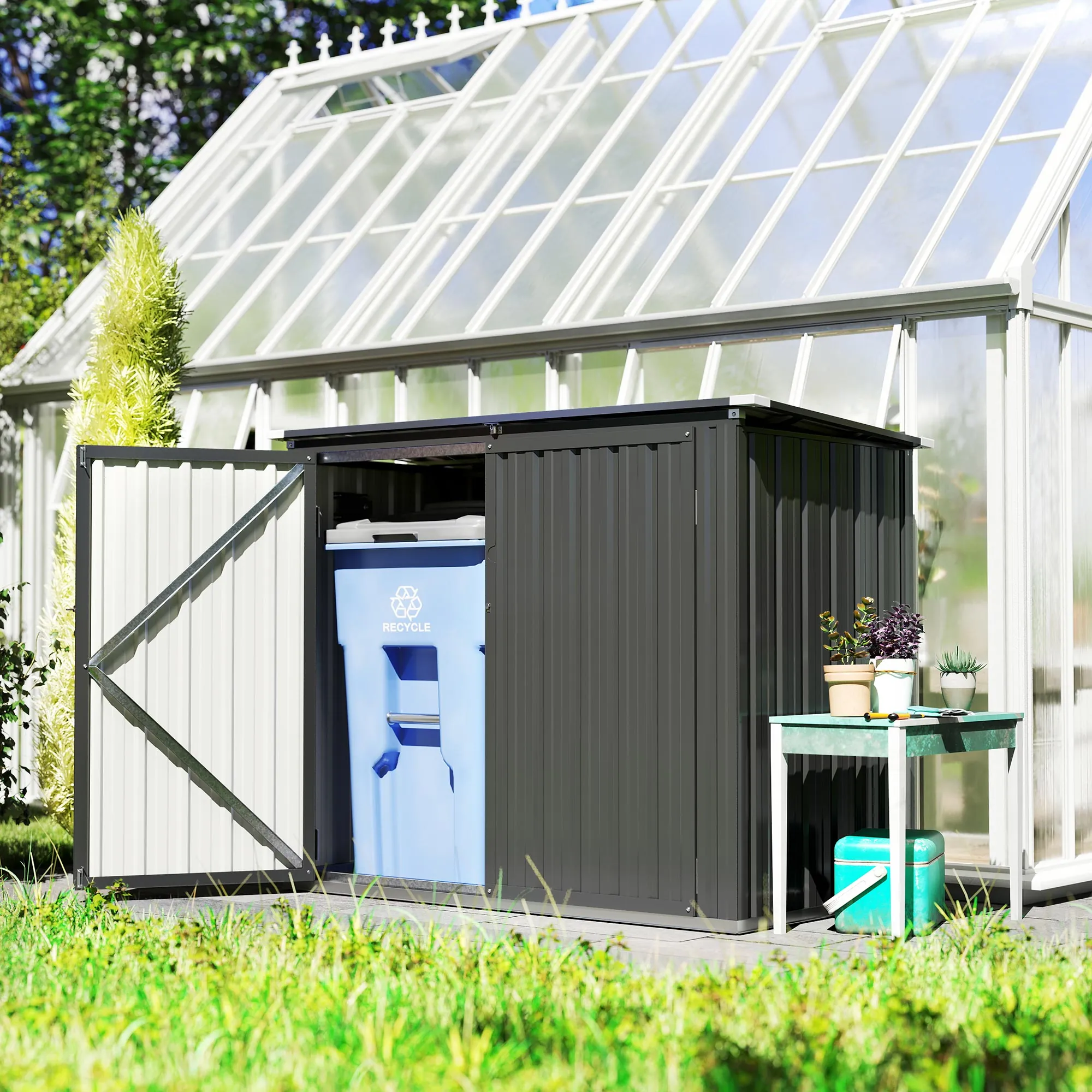 Cache-poubelles extérieur 2 bacs en acier galvanisé – gris foncé – vue supplémentaire