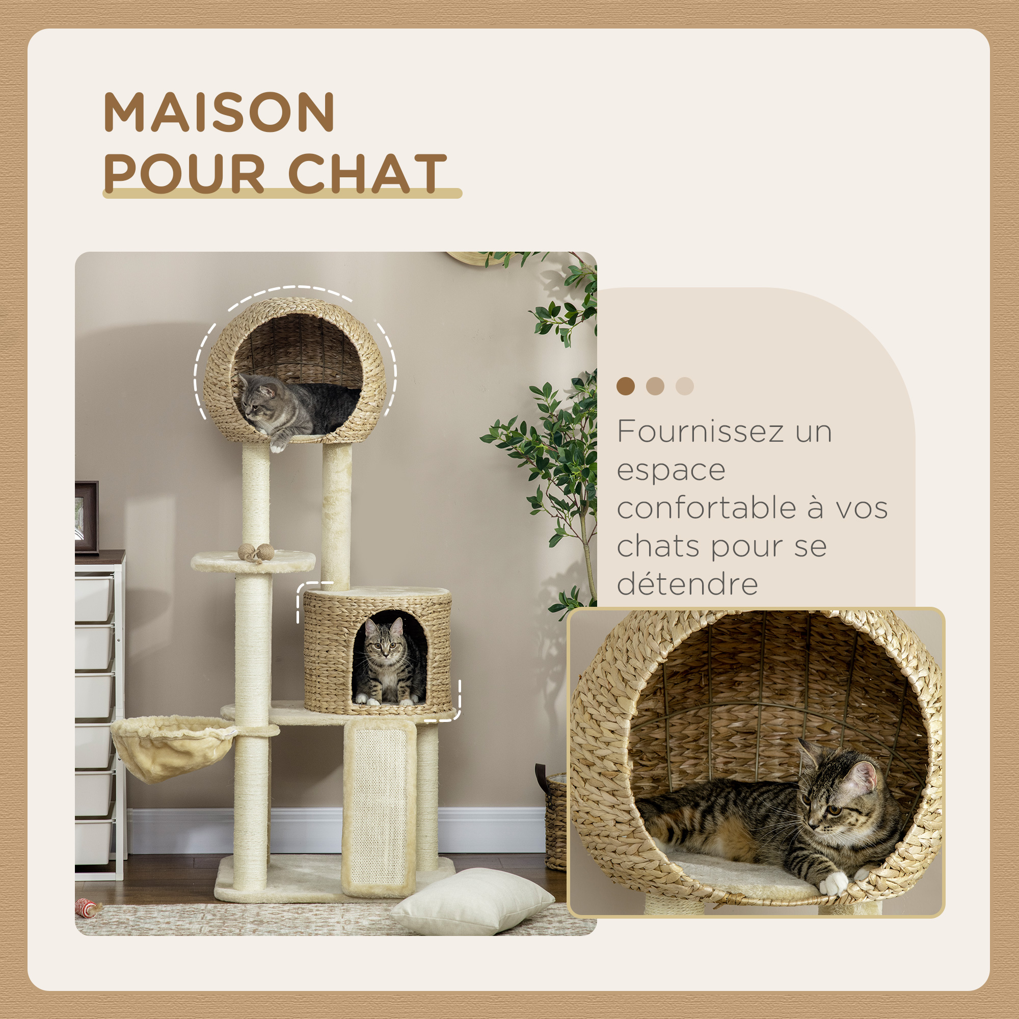 Arbre à chats griffoir sisal naturel 2 niches plateforme hamac peluche jacinthe d'eau - 60 x 60 x 150 cm beige – vue de détail