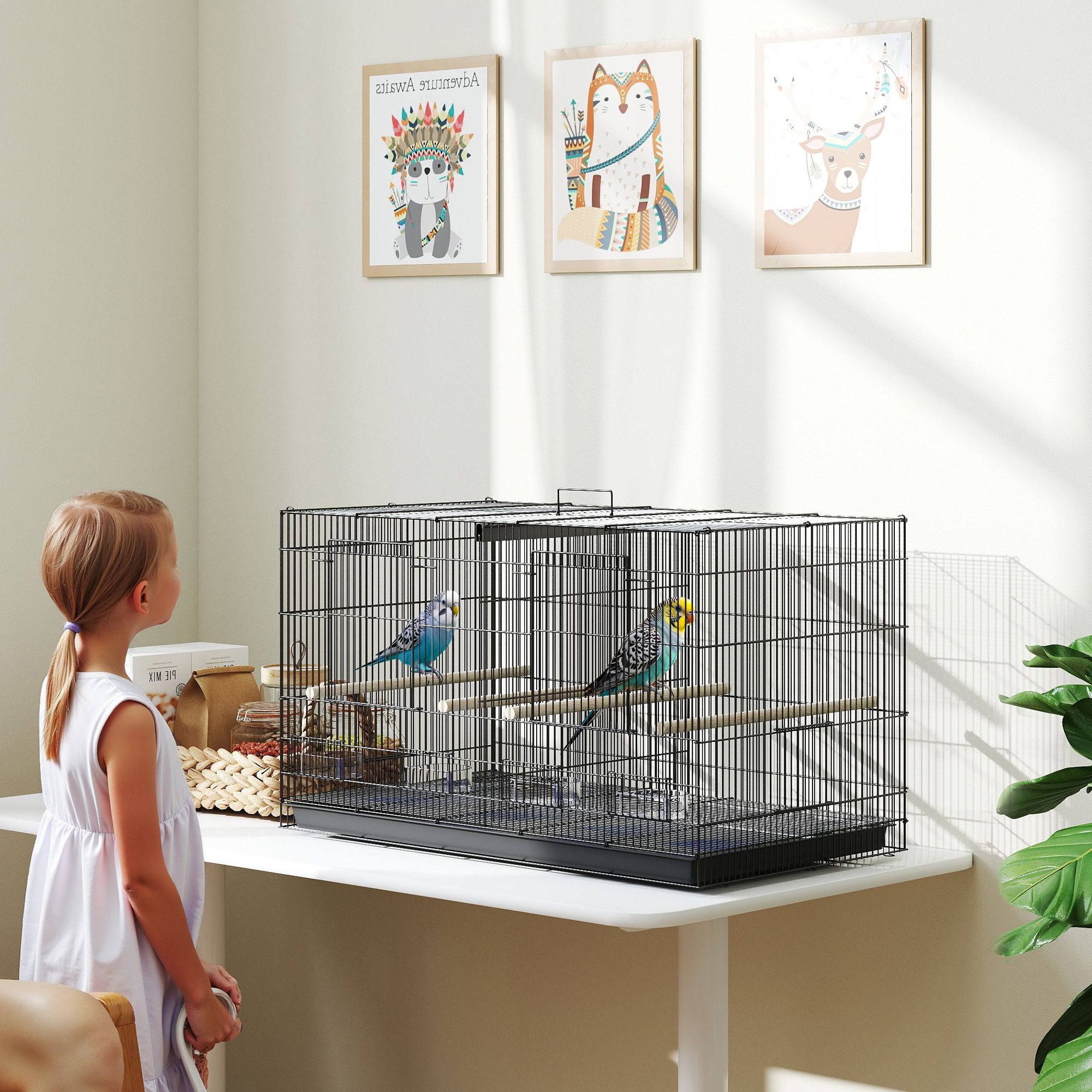 Cage à oiseaux volière intérieur acier avec séparateur 4 perchoirs plateau coulissant 4 mangeoires 76 x 46 x 46 cm noir – vue supplémentaire
