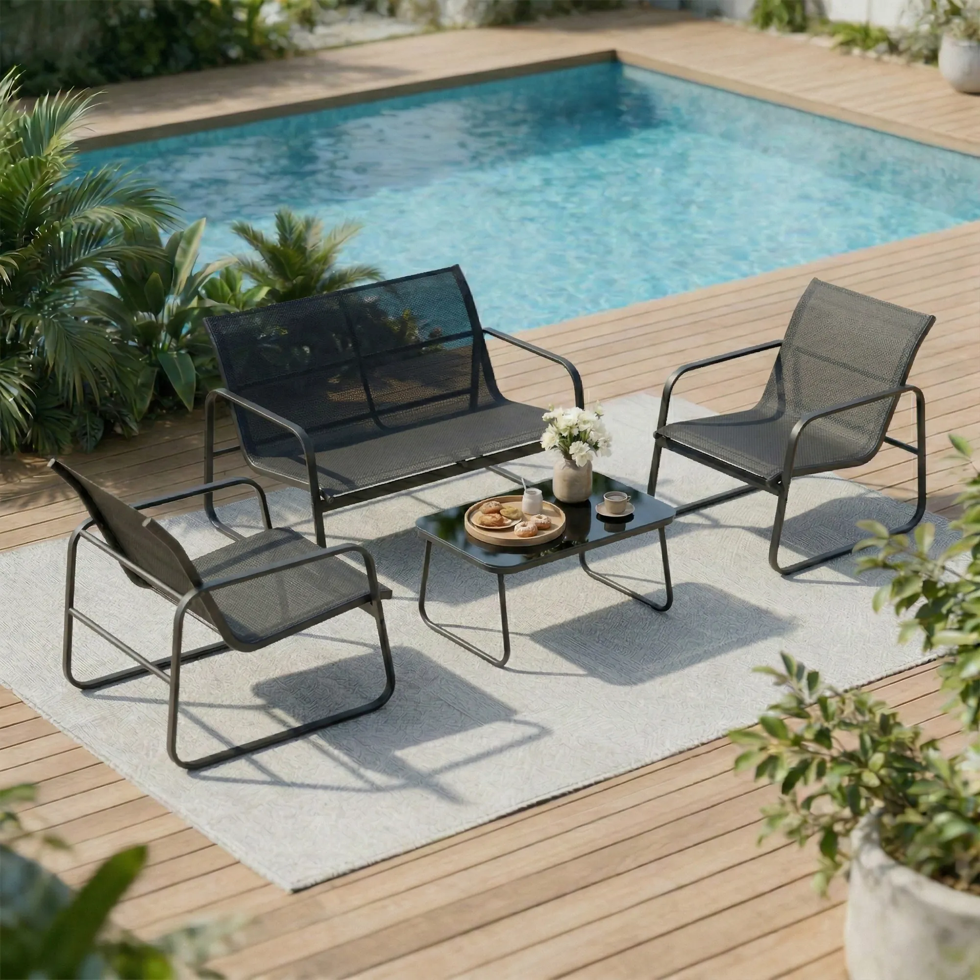 Salon de jardin 4 pièces avec canapé, fauteuils et table basse, gris foncé et noir – vue supplémentaire