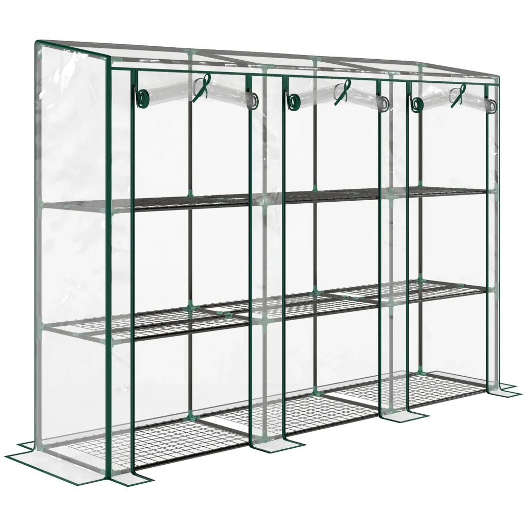 Serre de jardin avec étagères à 3 niveaux serre de balcon 3 portes enroulables zippées 215 x 46 x 151 cm transparent