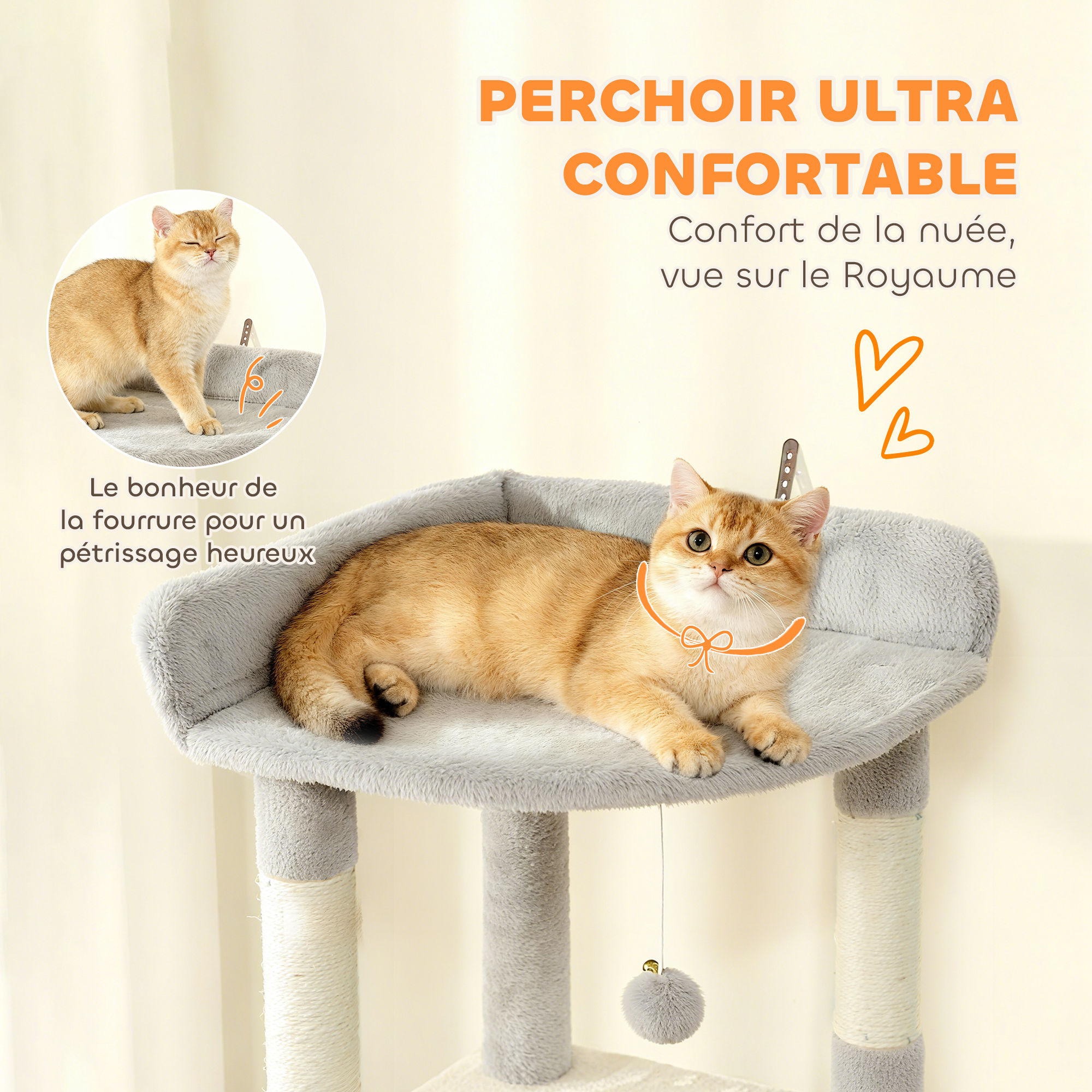 Arbre à chat tour de jeux 7 poteaux à griffer 3 platesformes 2 niches tunnel hamac et 2 pompons 170 cm gris foncé – vue 5