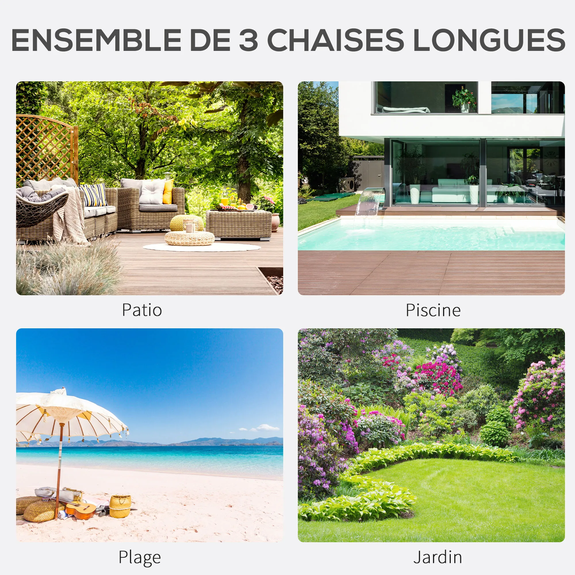Lot de 2 bains de soleil chaise longue design contemporain table basse plateau verre trempé métal époxy textilène noir – vue de détail
