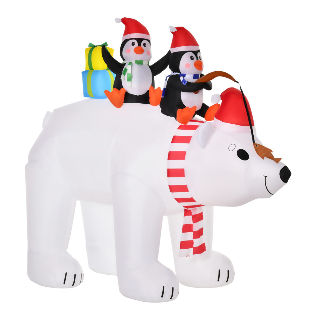 Ours polaire gonflable de Noël 206 cm avec 2 pingouins et LED – HOMCOM