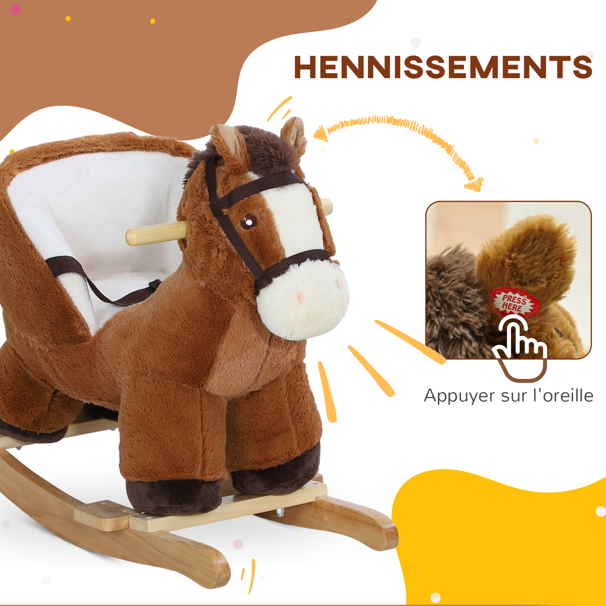 Cheval à Bascule Bébé avec Sons, Ceinture & Repose-Pieds – 18 à 36 Mois – Marron – vue de détail