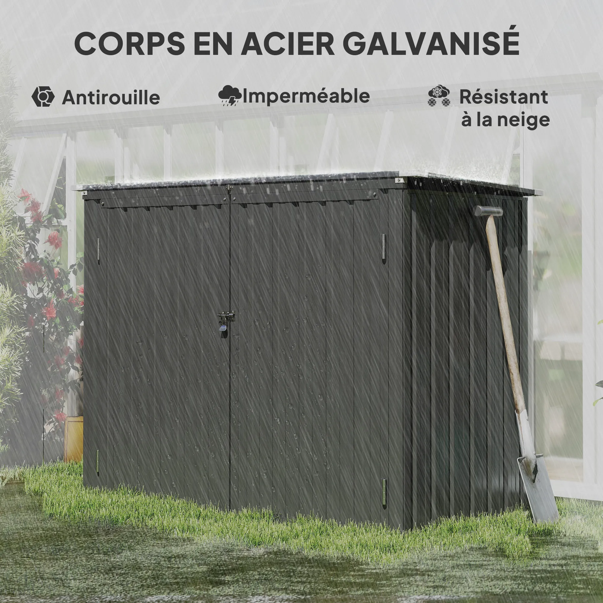 Cache-poubelles extérieur 2 bacs en acier galvanisé – gris foncé – vue 8