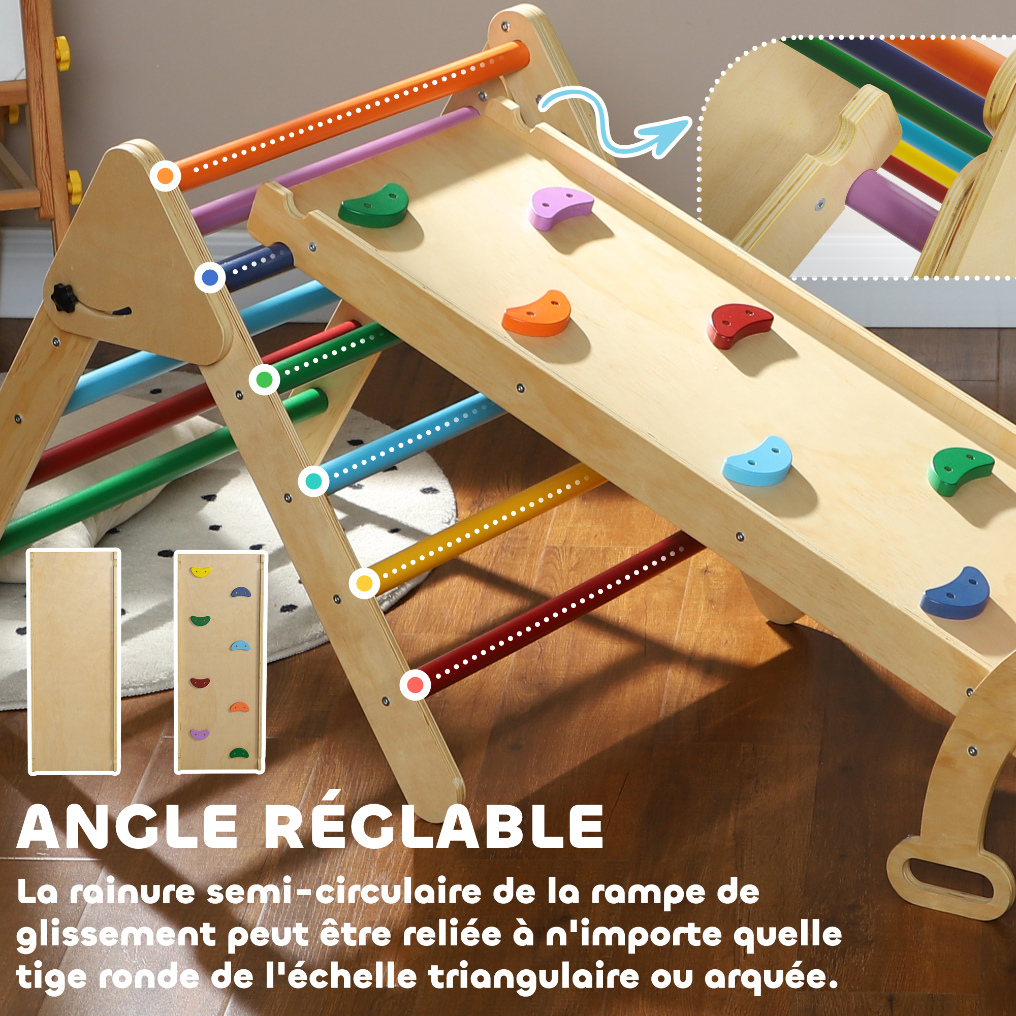 Triangle d’Escalade Enfant 5-en-1 avec Rampe, Toboggan & Bascule – Multicolore – vue 6