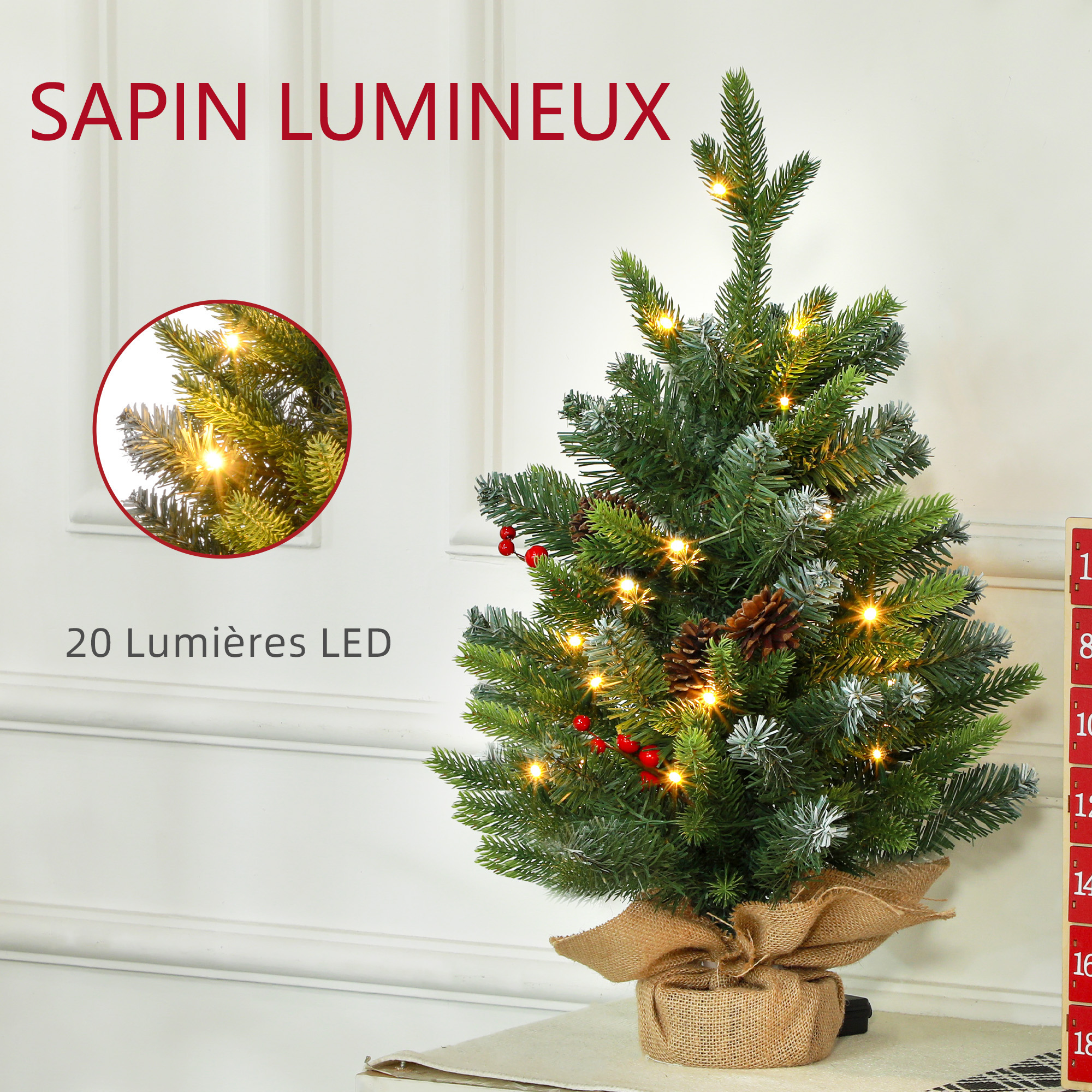 Sapin de Noël de table 60 cm lumineux – 20 LED, pommes de pin et baies – HOMCOM – vue de détail