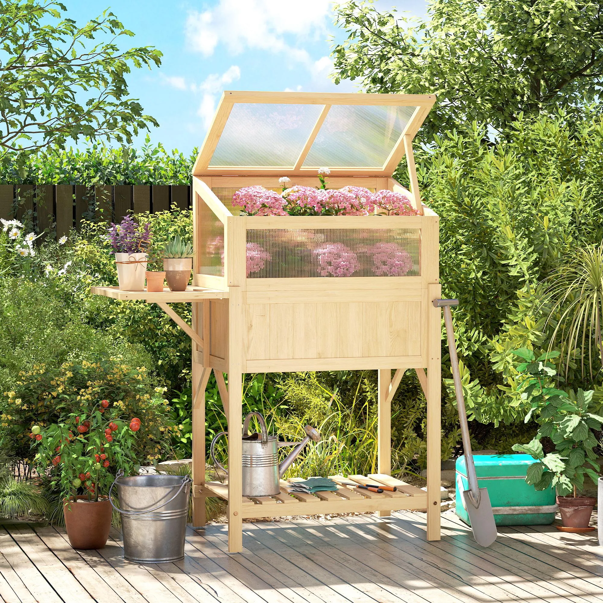 Carré Potager Surélevé avec Serre & Table Pliante – Bois Naturel – vue supplémentaire