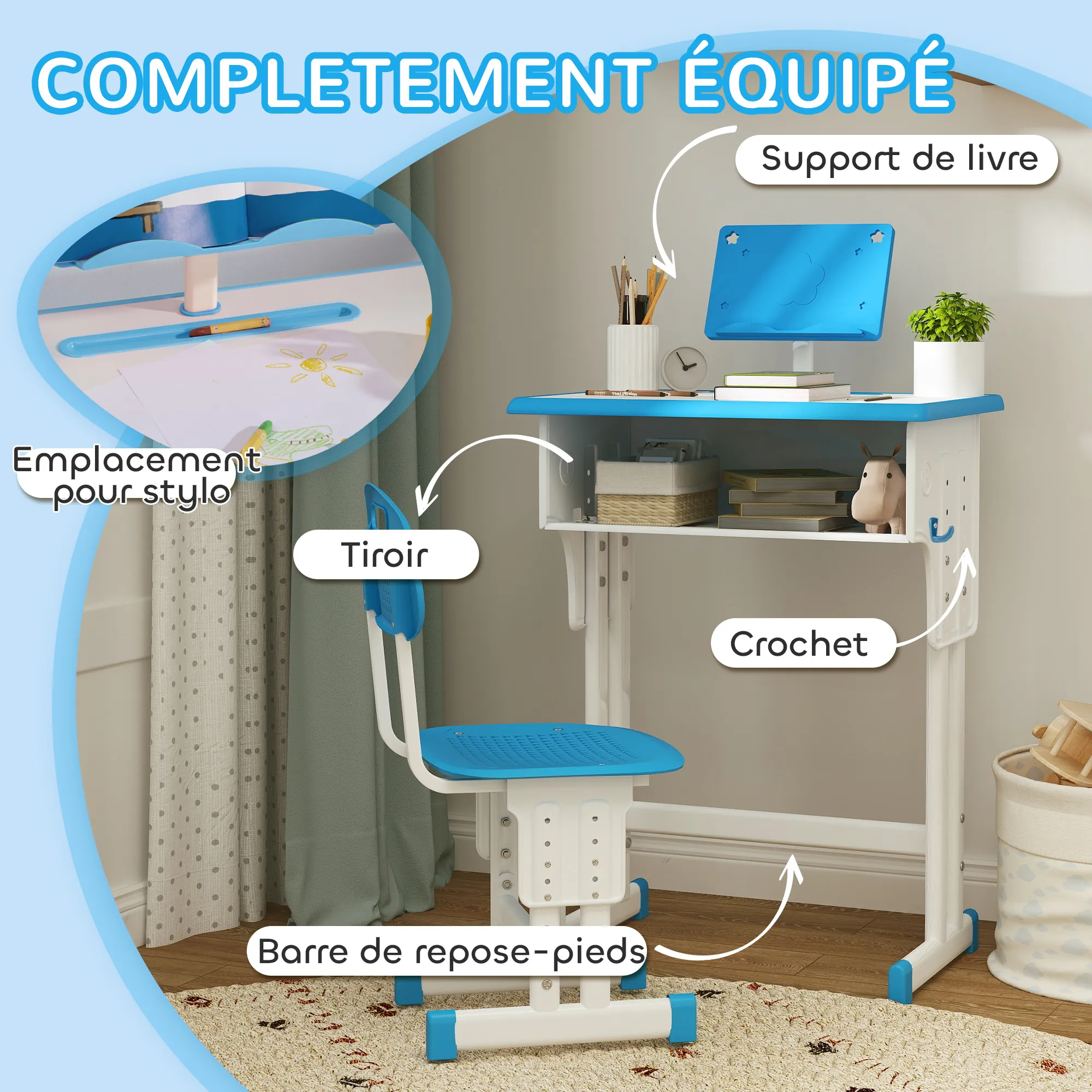 Bureau et Chaise Enfant Réglables avec Support de Lecture & Rangements – Bleu - Image 5