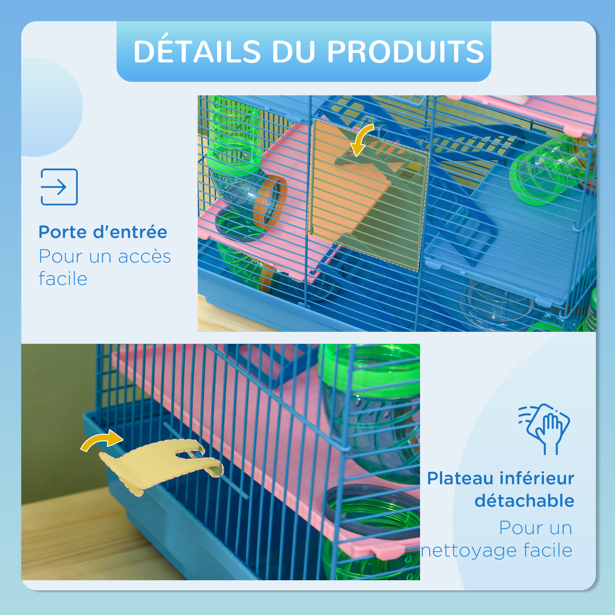 Cage pour Hamster Souris Petit Animaux Rongeur avec Tunnel Mangeoire Roue Jouet 47 x 30 x 59 cm Bleu – vue 6