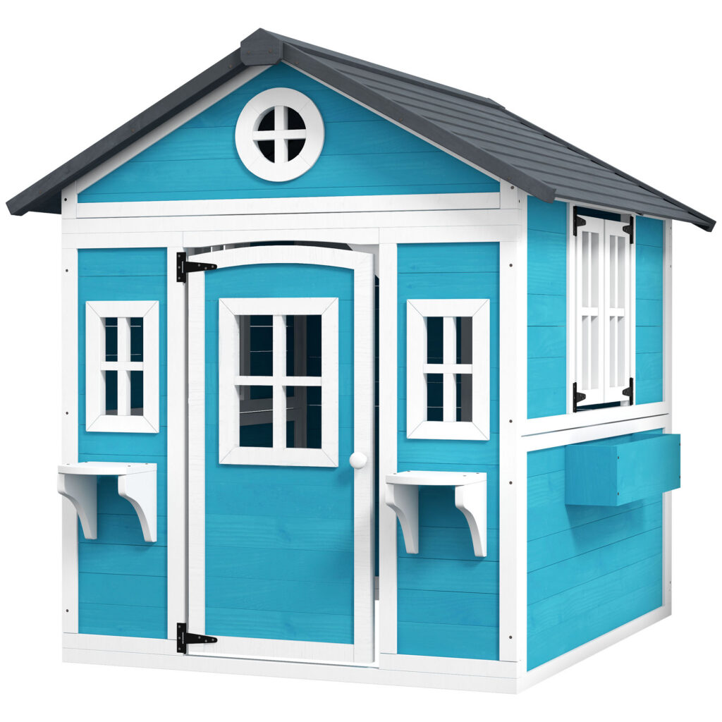 Cabane Enfant Extérieure en Bois avec Porte, Fenêtres & Jardinières – Bleu