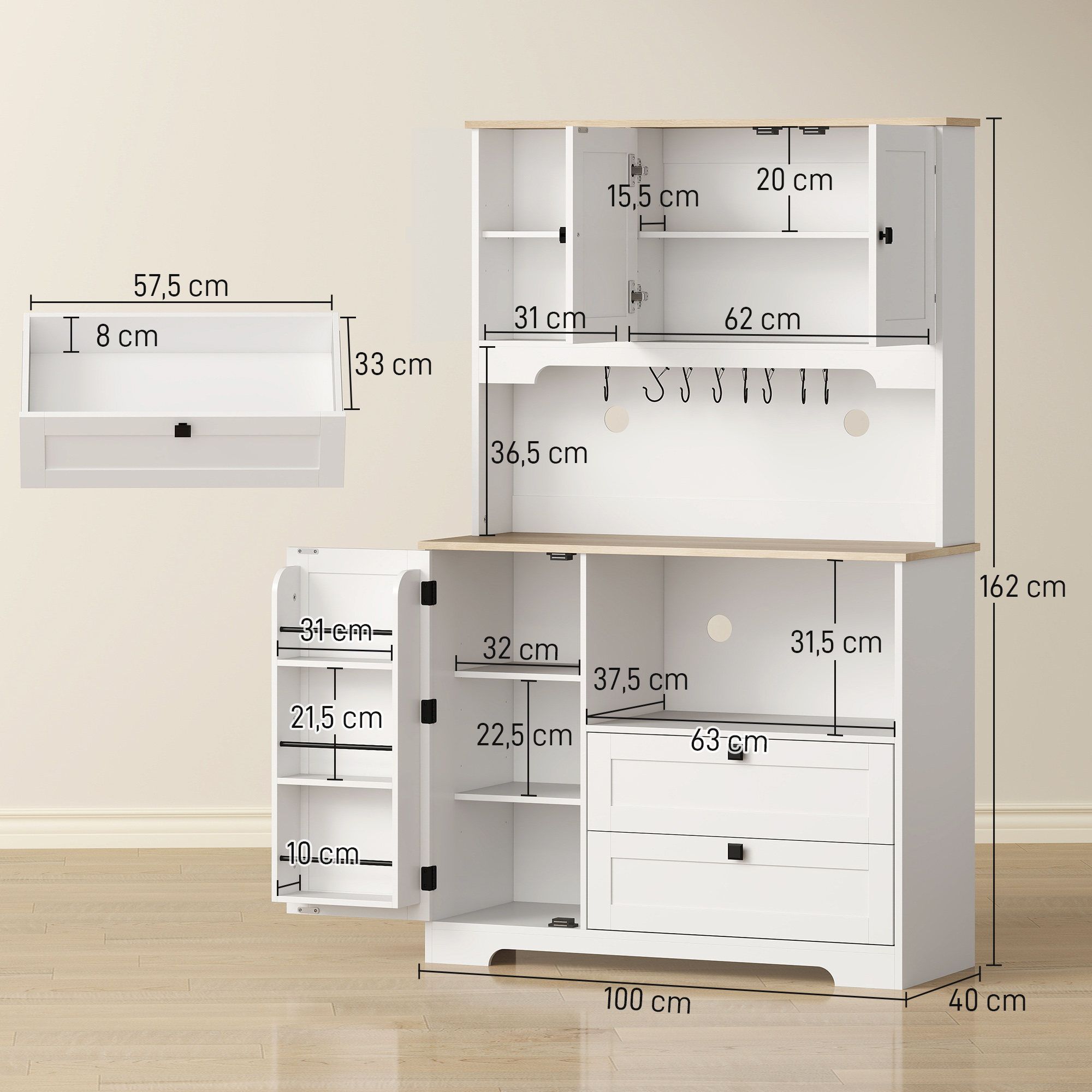 Buffet Haut Cuisine, Armoire Cuisine avec 3 Portes, 2 Tiroirs, Plan de Travail, Compartiments Ouverts, Blanc – autre vue